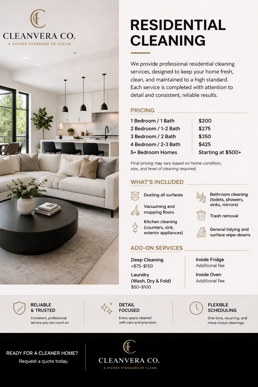 Flyer for Cleanvera Co. residential cleaning services, featuring a modern living room with a white sofa, black coffee table with a plant, and an open kitchen with white cabinets and black pendant lights. The flyer lists pricing, what's included, add-on services, and company values.