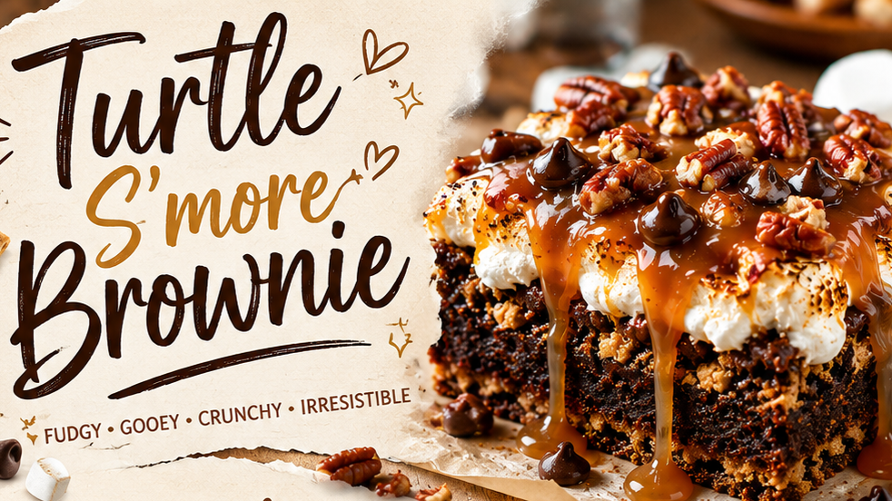 Close-up of a Turtle S'mores Brownie topped with whipped cream, pecans, caramel, and chocolate chips, with a label describing the dessert as fudgy, gooey, crunchy, and irresistible.