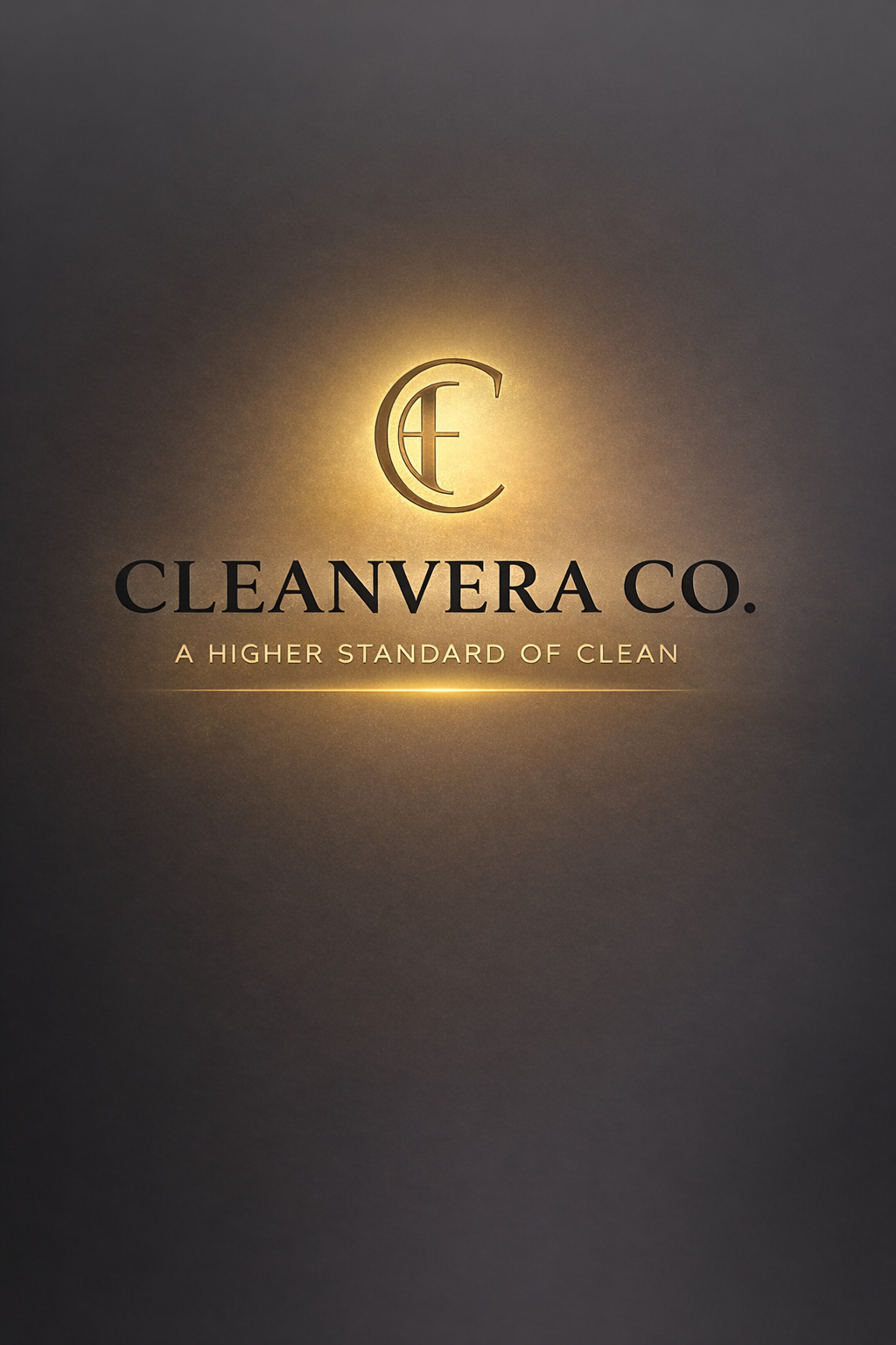 Logo of Clean Vera Co. with gold emblem, black text, and tagline "A Higher Standard of Clean" on a dark gradient background.