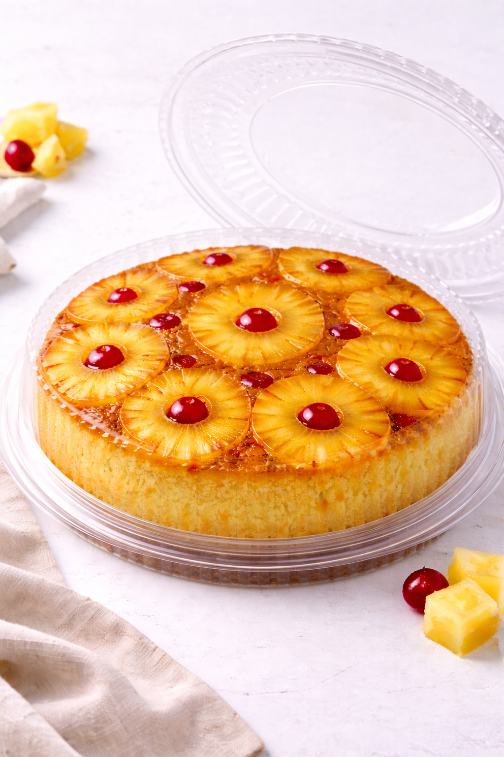 A pineapple upside-down cake with pineapple slices and maraschino cherries in a clear plastic container.