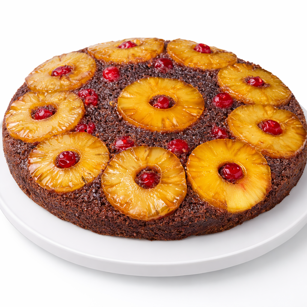 Chocolate cake topped with pineapple slices and red cherries on a white plate