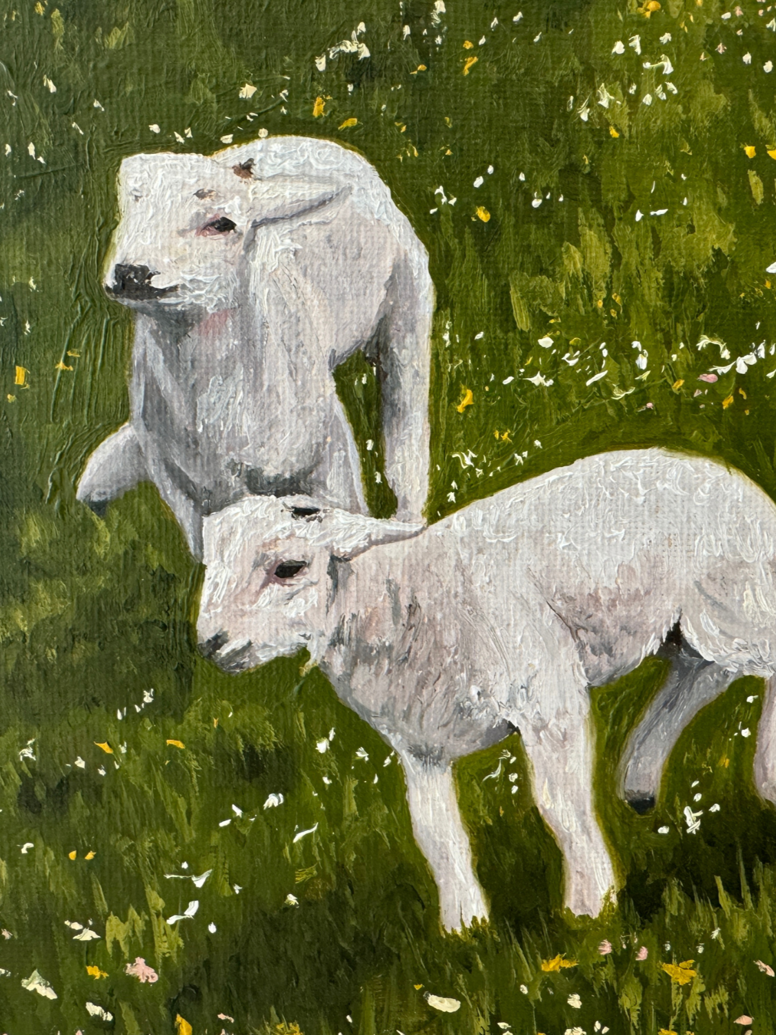 Close up of a landscape oil painting of sheep lambs in a grassy flower field to capture brushwork and texture