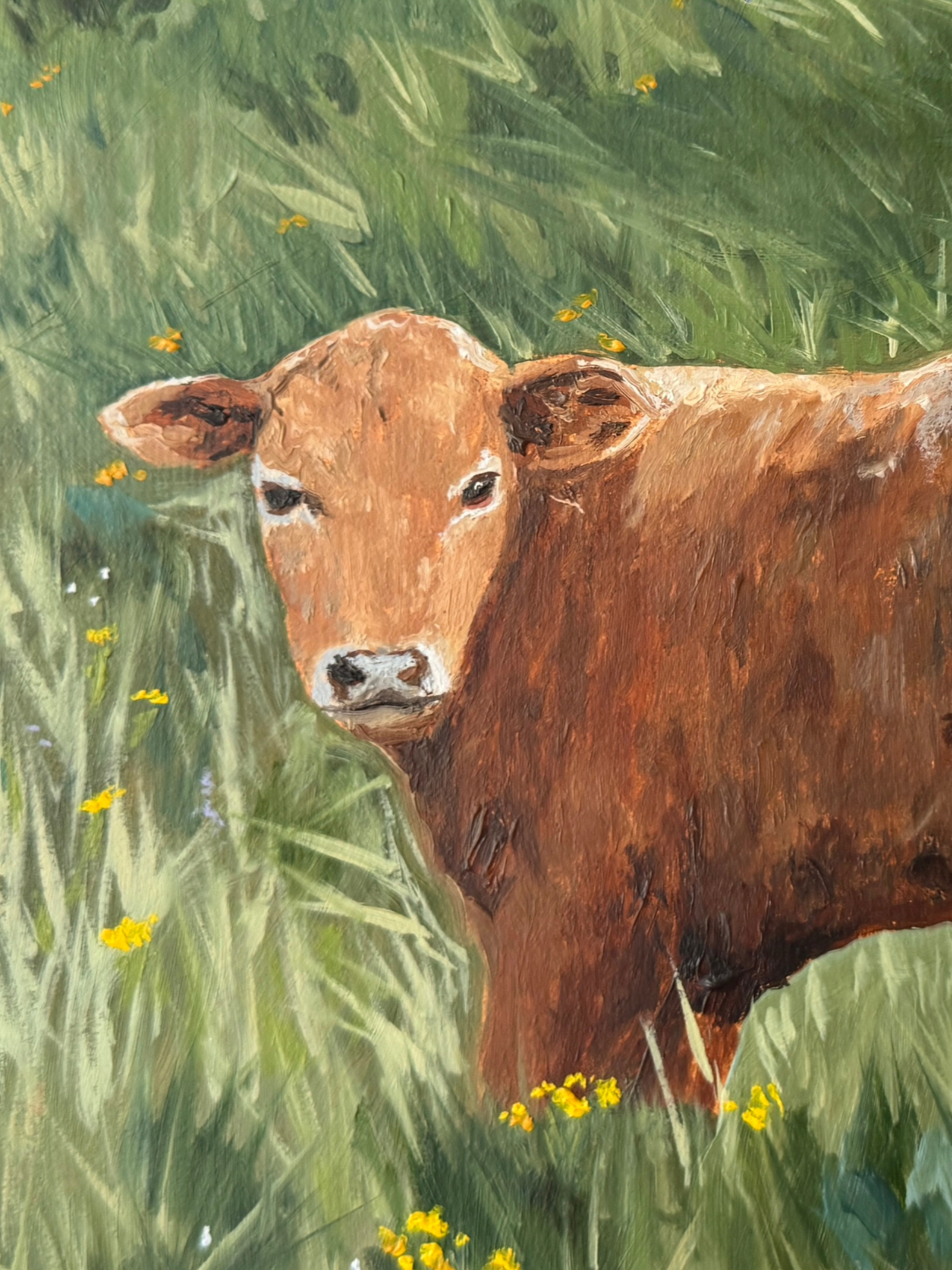Close up of fine art reproduction of a calf to show details and brushwork