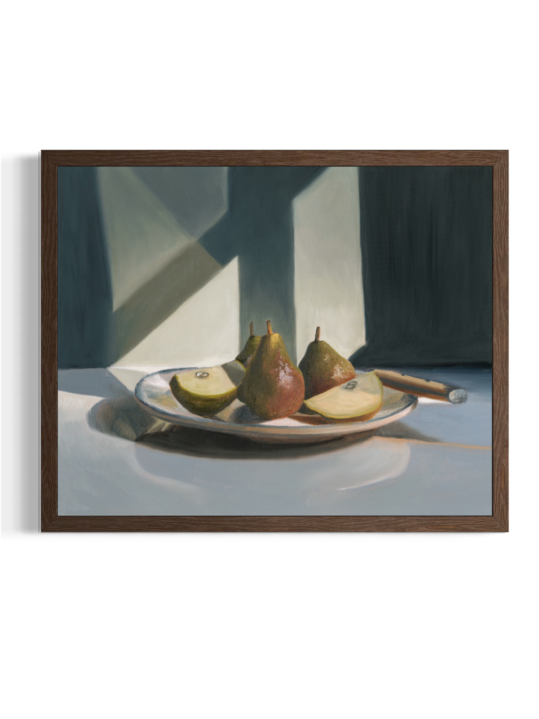 Contemporary fine art print of a still life oil painting of pears on a plate with strong natural light