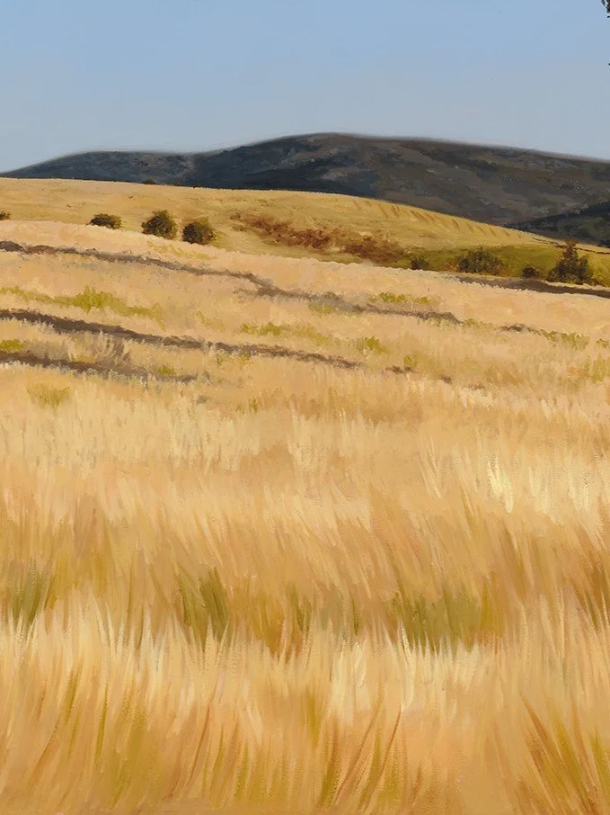 A close up of an australian landscape oil painting print to show brushwork and details