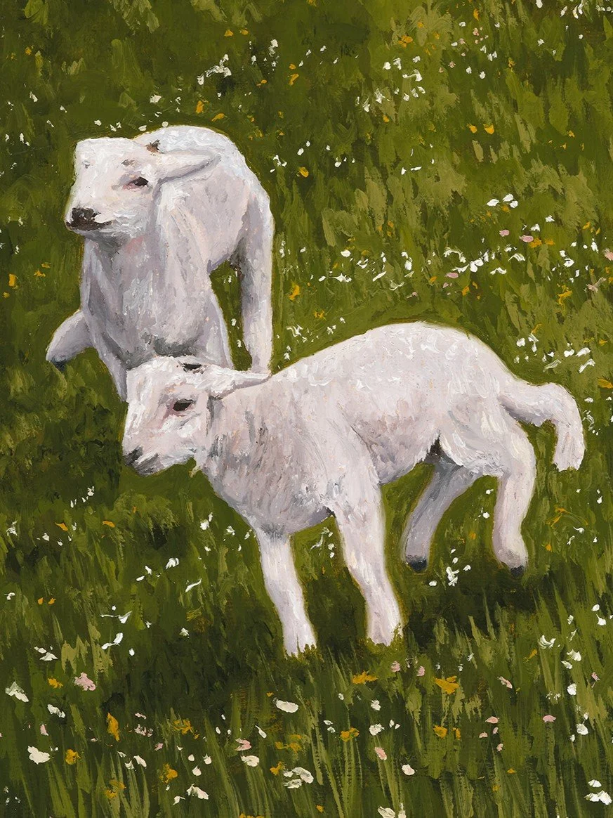 lose up of a fine art print of a trio of lambs running through a flower field to show brushwork and texture