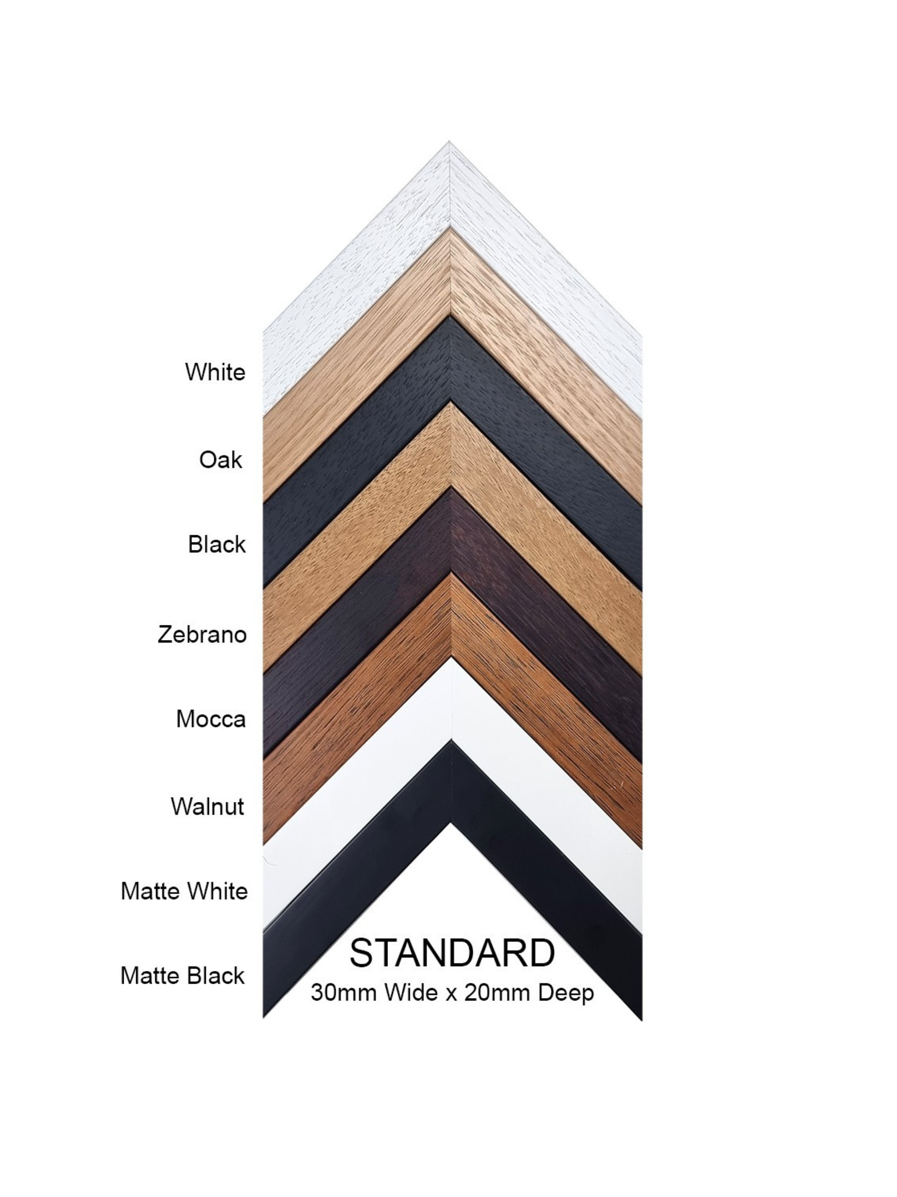 A display of timber frame options to choose for a fine art reproduction print