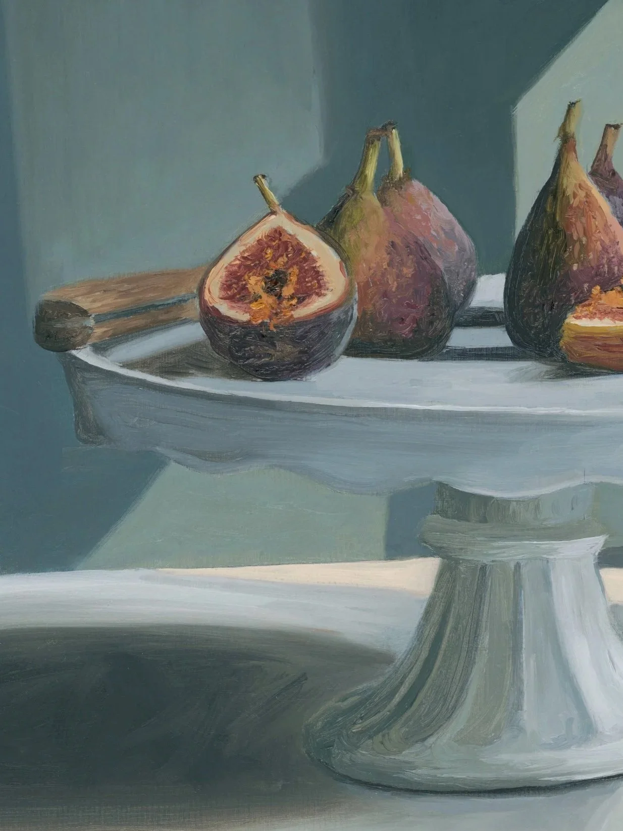 Close up of fine art print of a still life oil painting of plums on a cake stand to capture the brushwork and texture