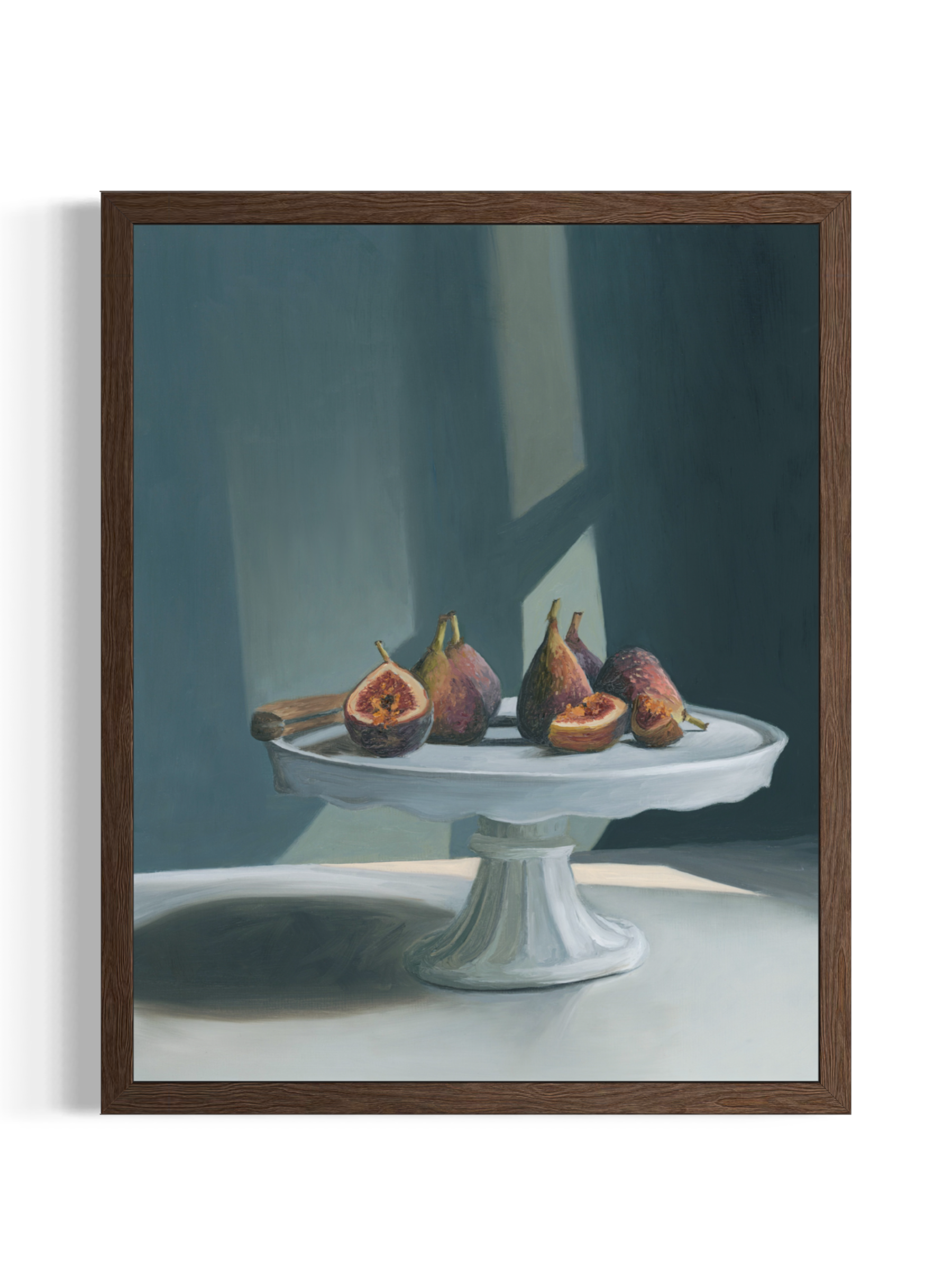 Contemporary fine art print of a still life oil painting of figs on a cake stand with strong natural light