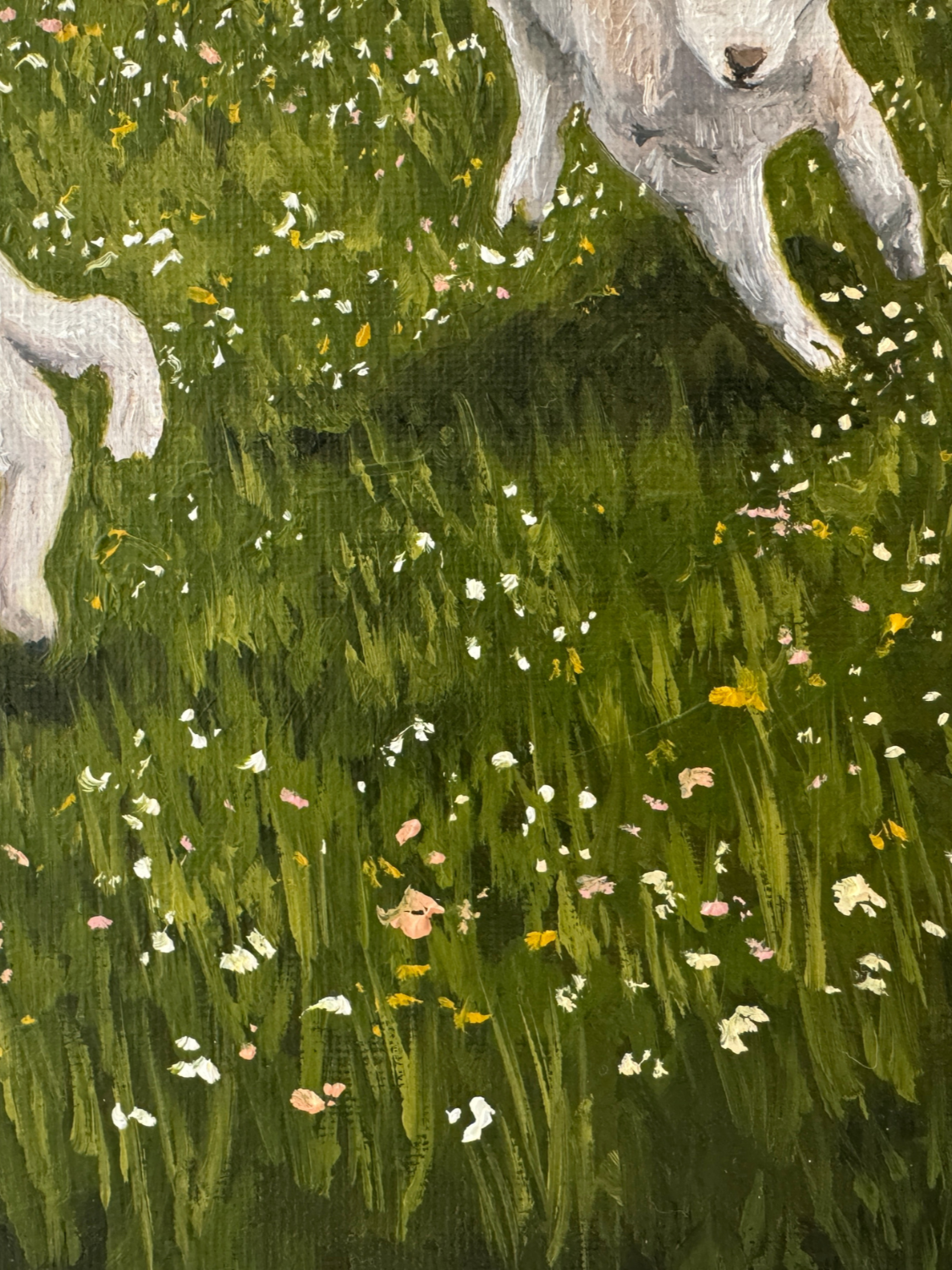 Close up of a landscape oil painting of sheep lambs in a grassy flower field to capture brushwork and texture