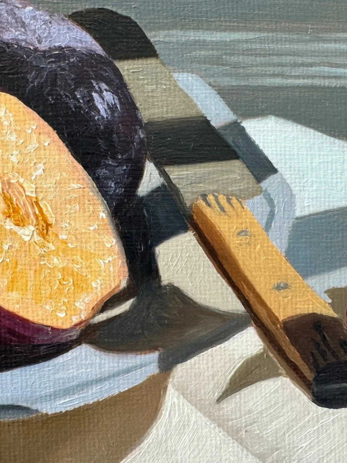 Close up of still life oil painting of plums showing brushwork and texture