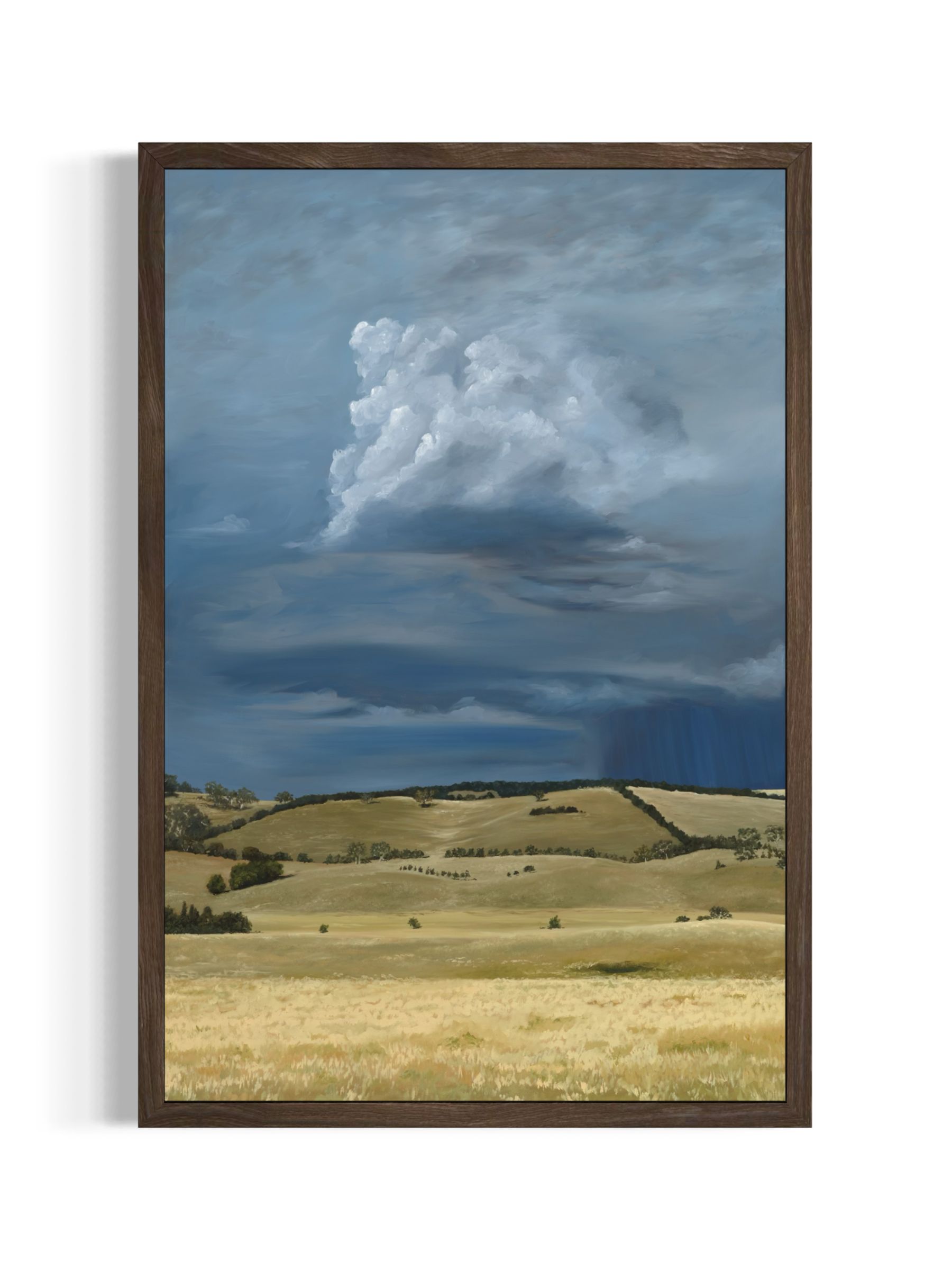 Contemporary fine art print of a dry grassy farm landscape with looming storm clouds