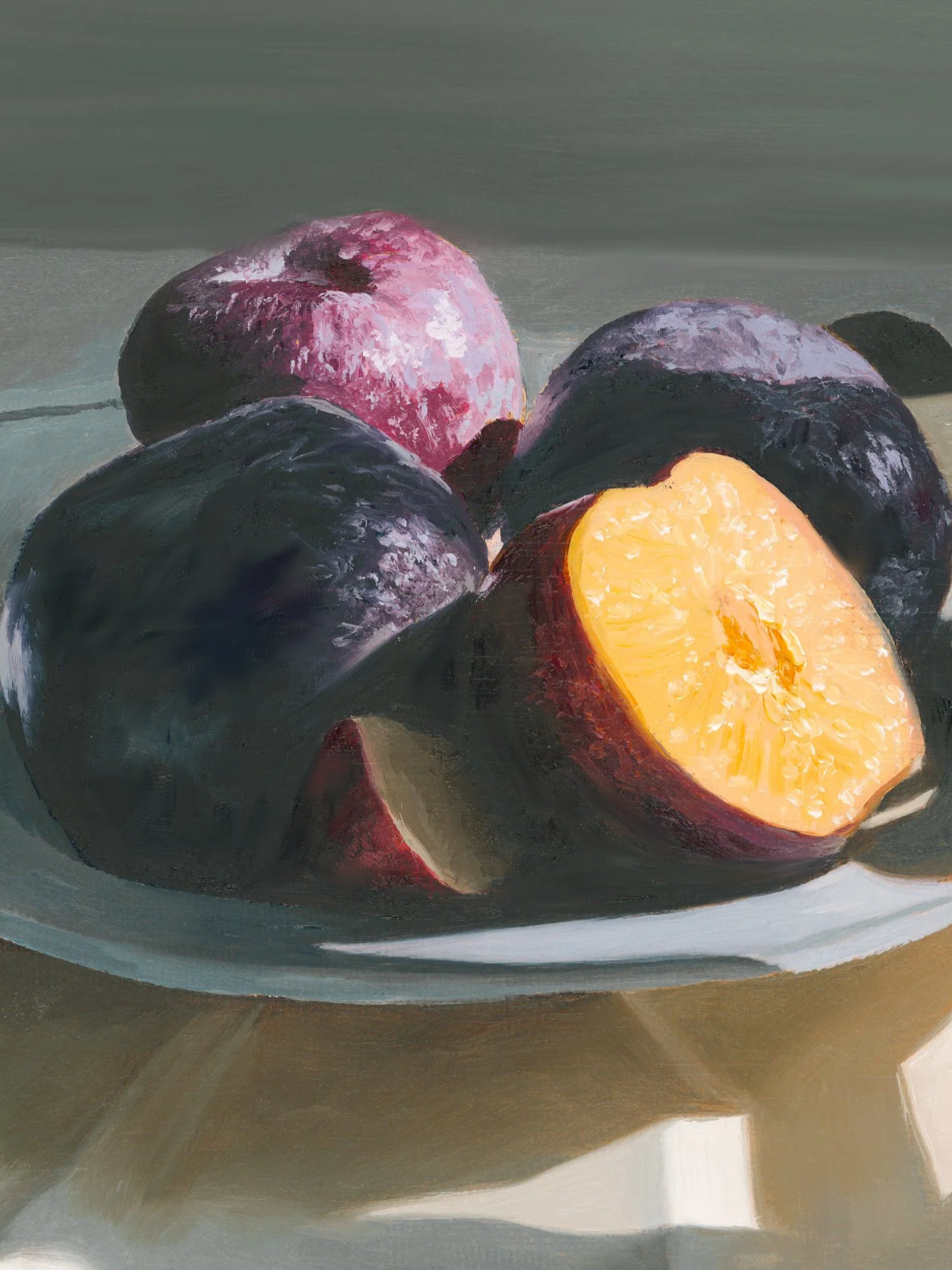 Close up of fine art print of a still life of plums on a plate showcasing brushwork and texture