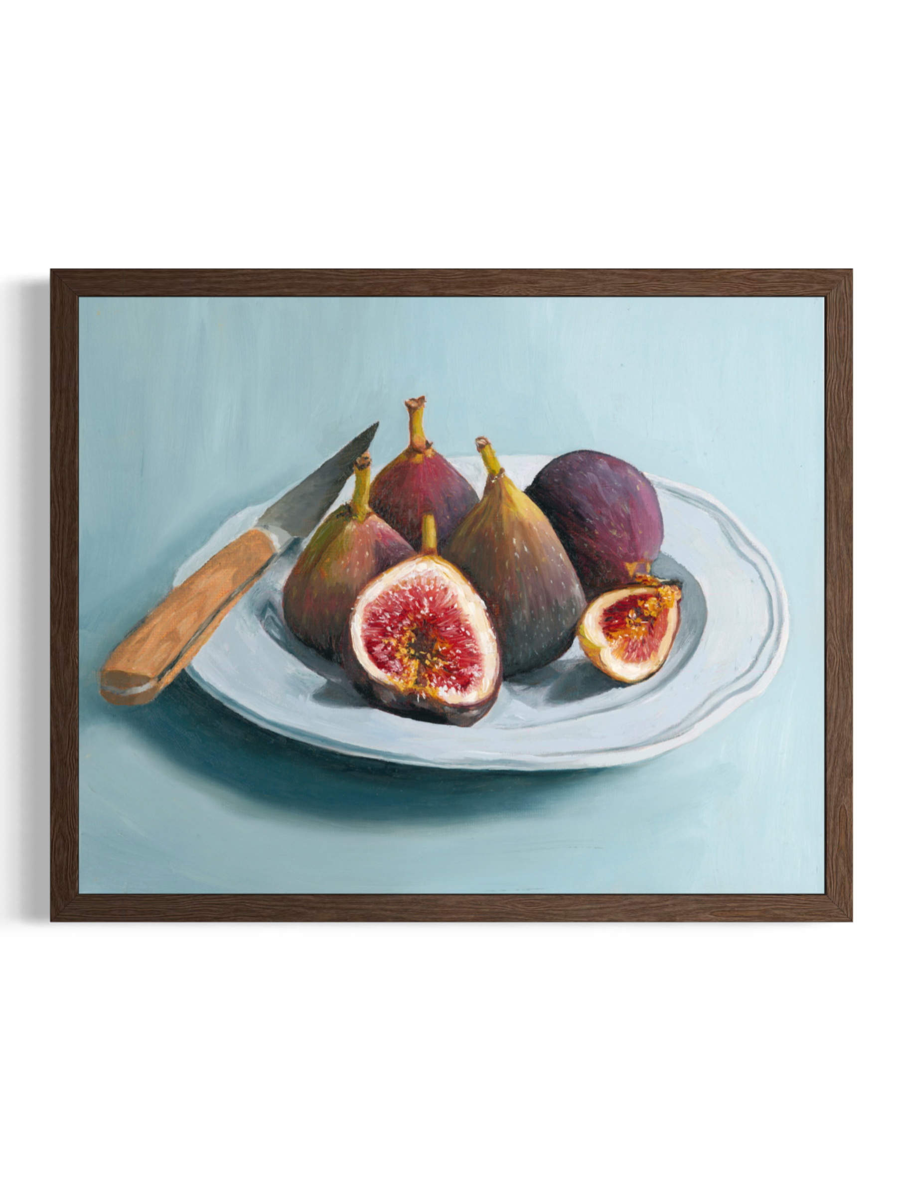 Contemporary fine art print of a still life oil painting of figs on a plate with soft natural light