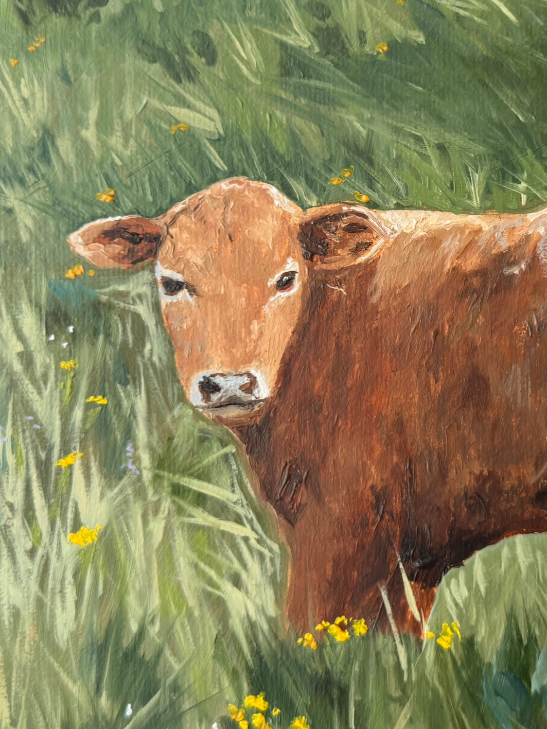 Close up of landscape oil painting of cow calf resting in a grassy flower field, to show brushwork and texture