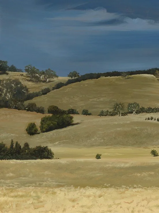Close up of a fine art print of a dry grassy farm landscape with looming storm clouds to show brushwork and texture