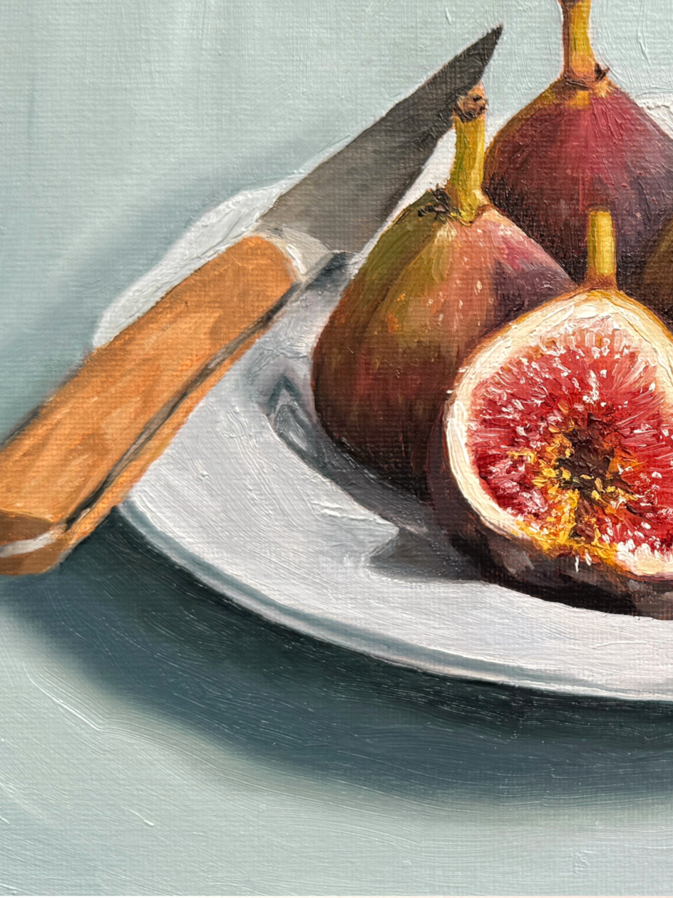 Close up of still life oil painting of figs showing brushwork and texture