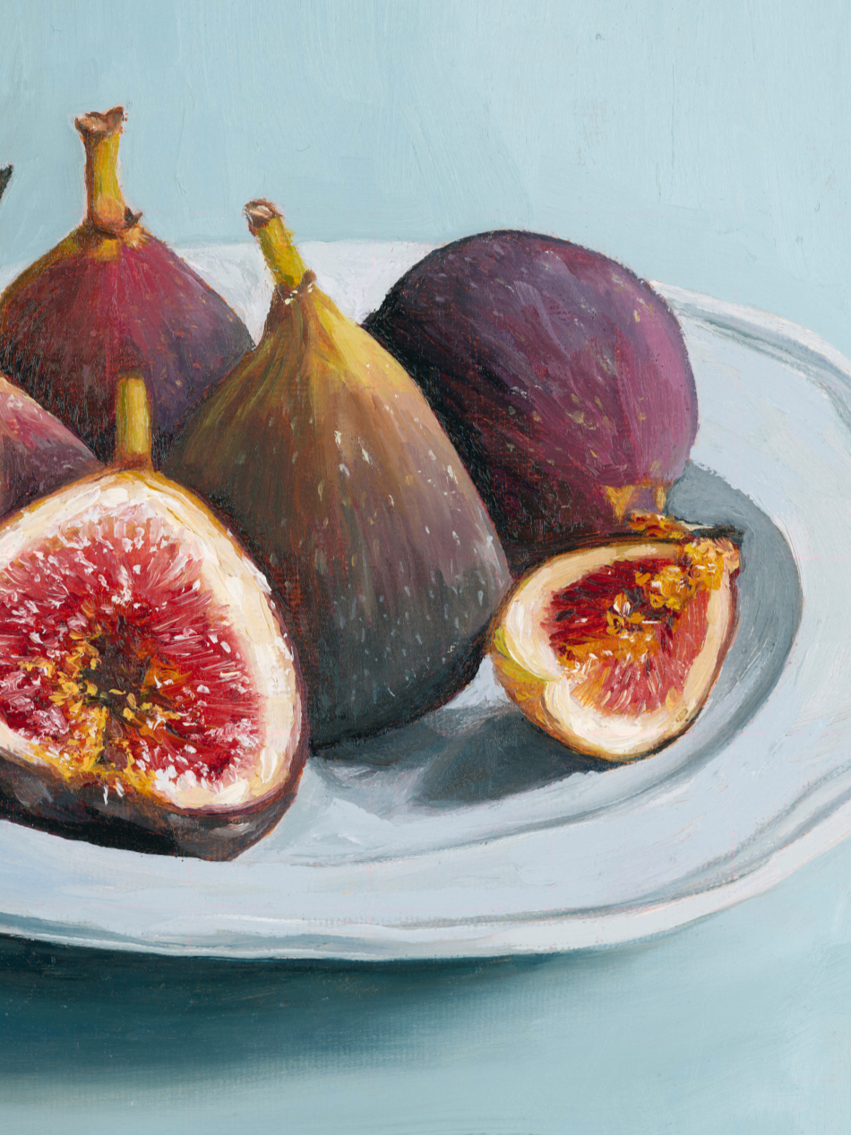 Close up of still life oil painting of figs showing brushwork and texture