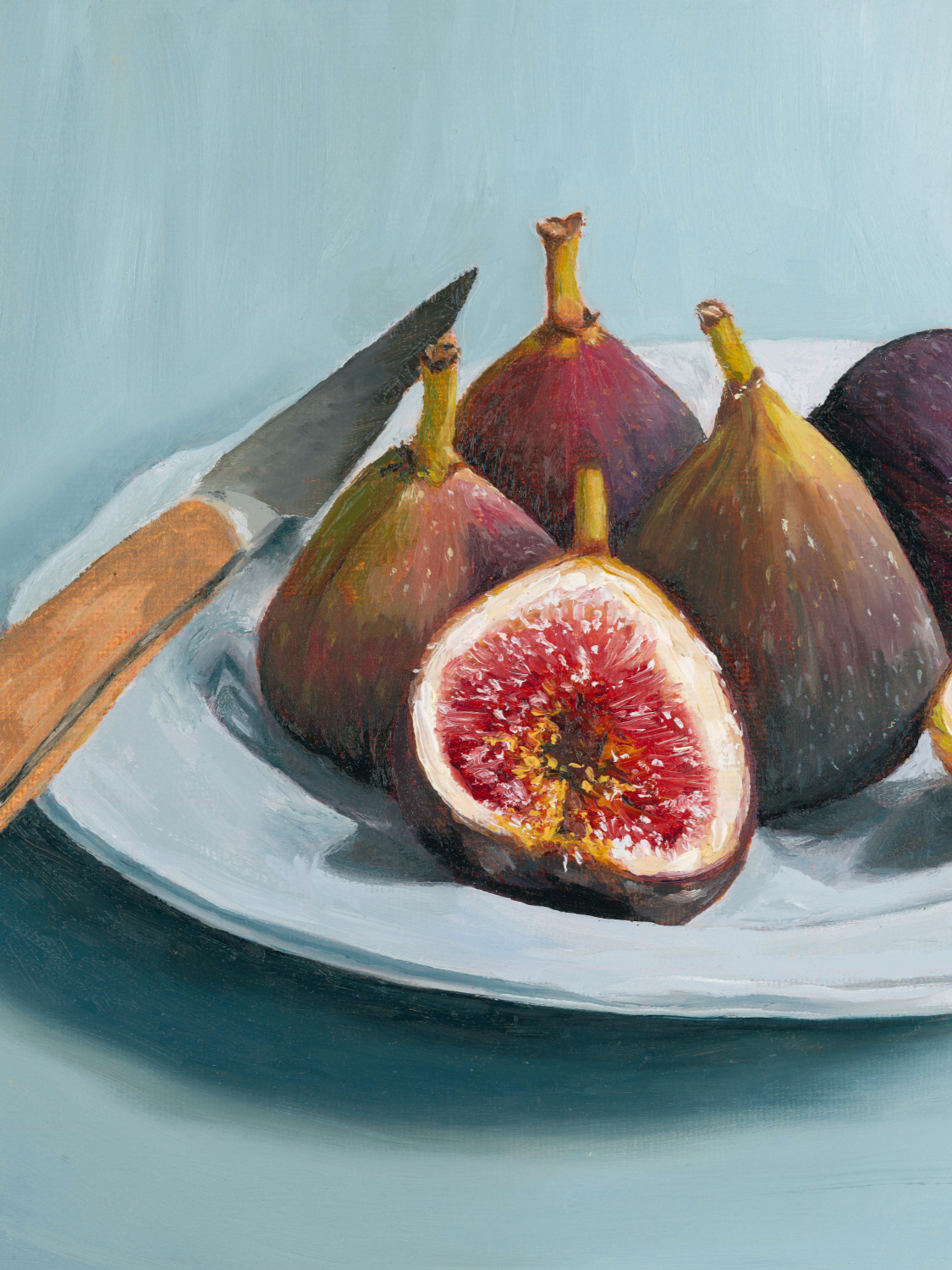Close up of still life oil painting of figs showing brushwork and texture