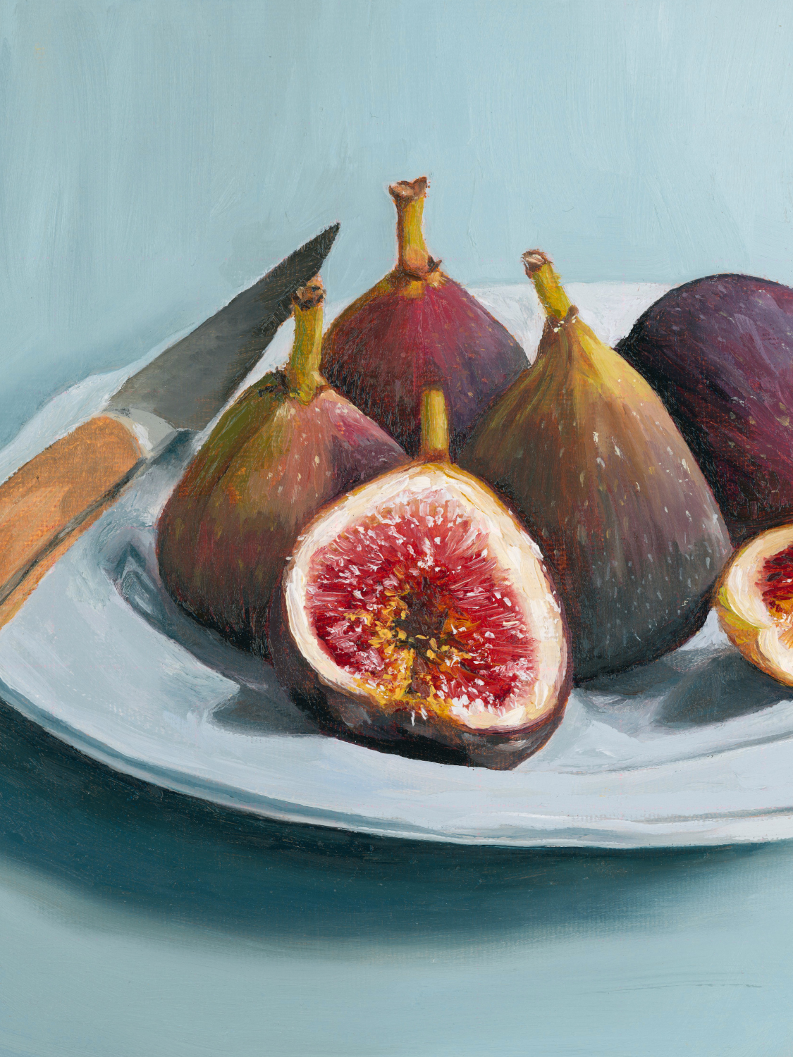 Close up of fine art print of a still life of figs on a plate showcasing brushwork and texture