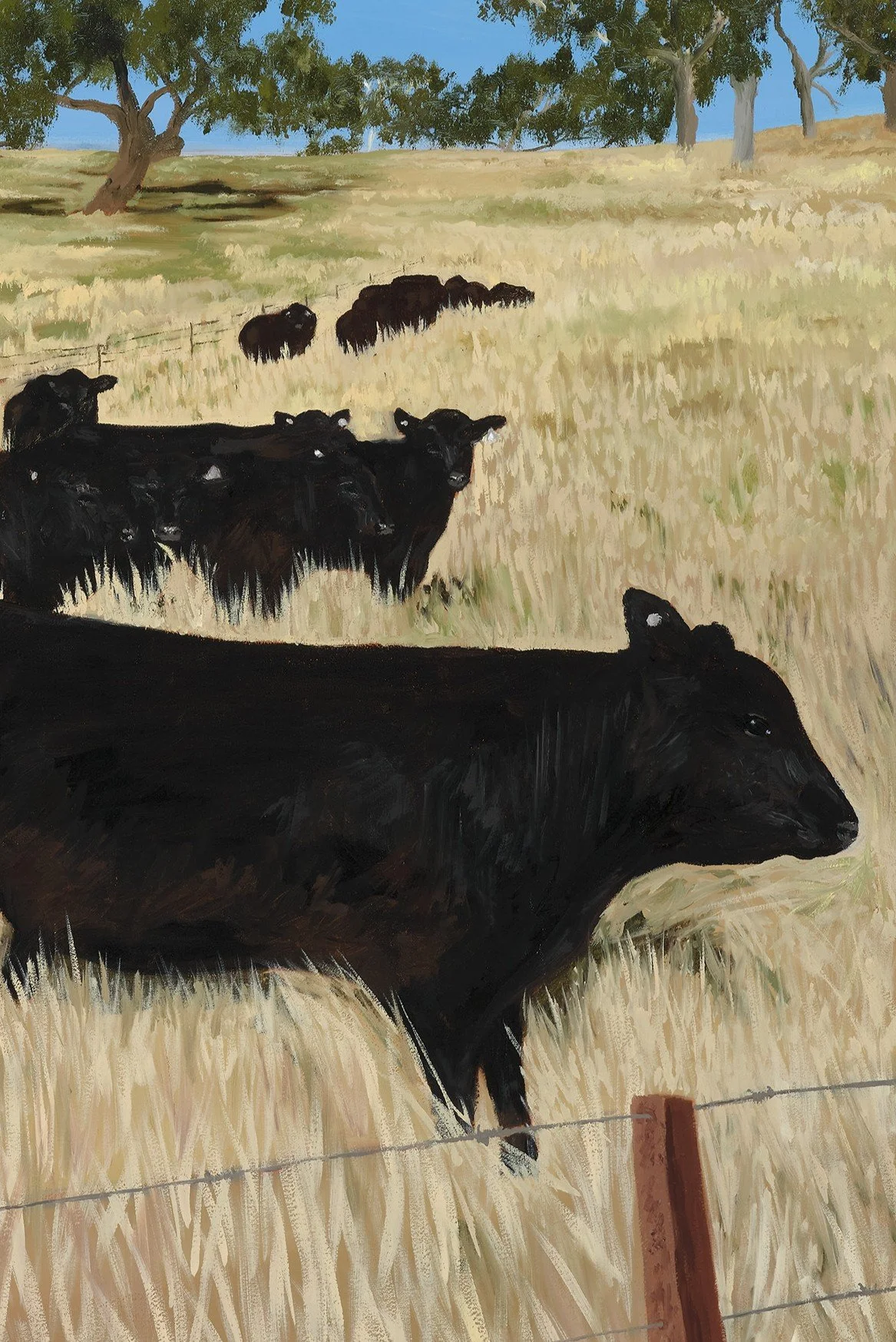 Close up of a fine art print of a herd of cattle in a dry grass field to show brushwork and texture