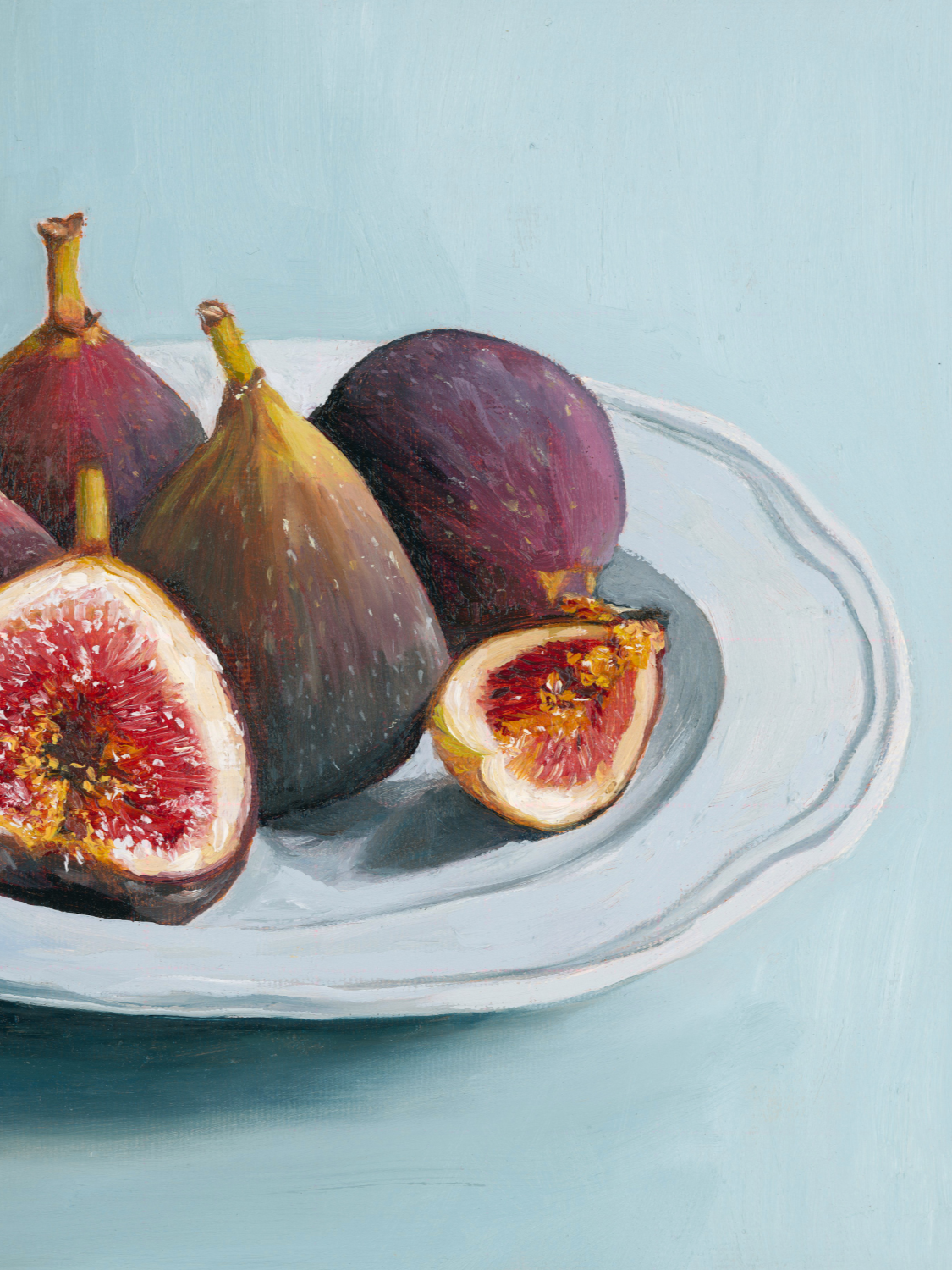 Close up of fine art print of a still life of figs on a plate showcasing brushwork and texture