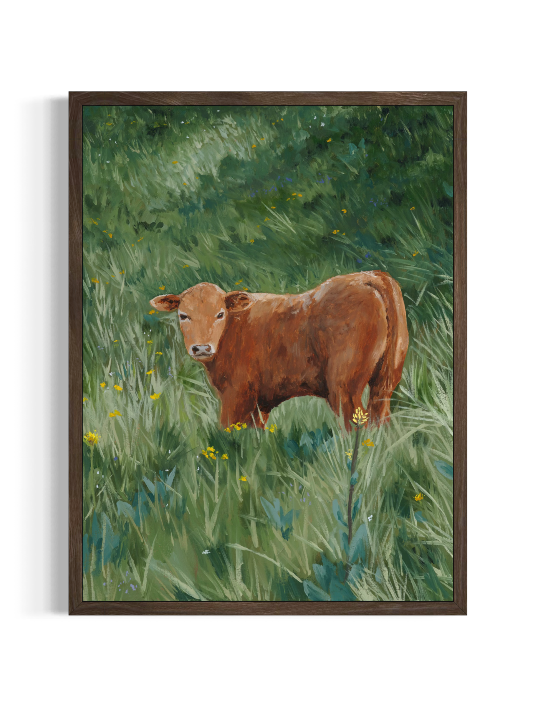 Contemporary fine art print of a calf resting in a flower field