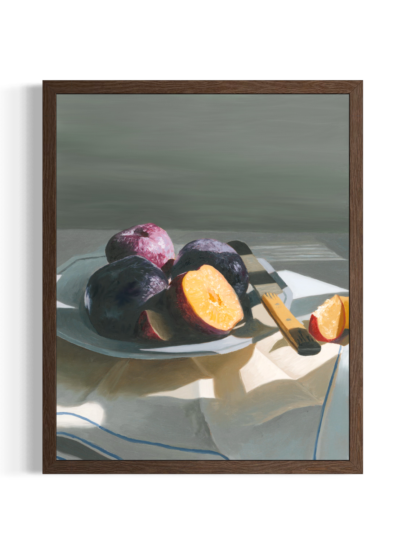 Contemporary fine art print of a still life oil painting of plums on a plate with strong natural light