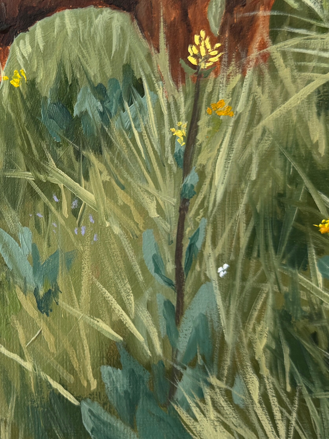 Close up of landscape oil painting of cow calf resting in a grassy flower field, to show brushwork and texture
