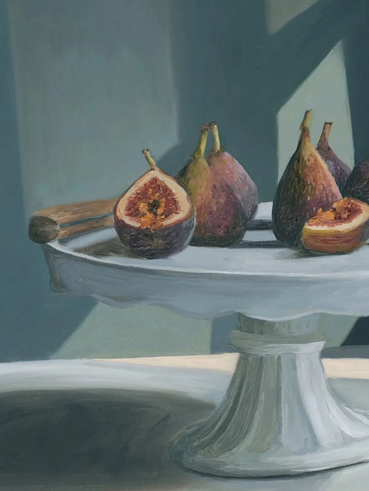 Close up of a fine art print of a still life painting of figs on a cakestand