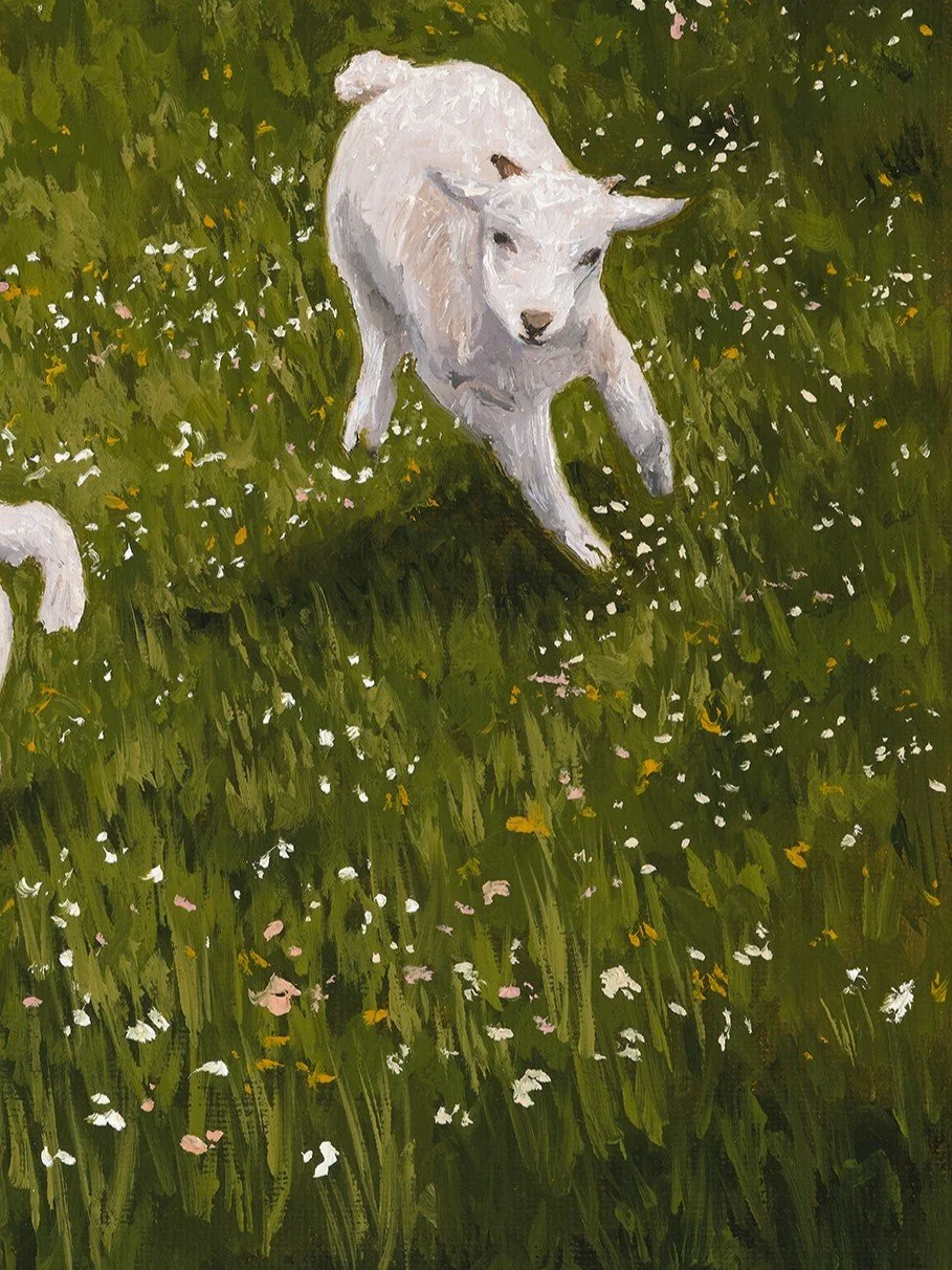 lose up of a fine art print of a trio of lambs running through a flower field to show brushwork and texture