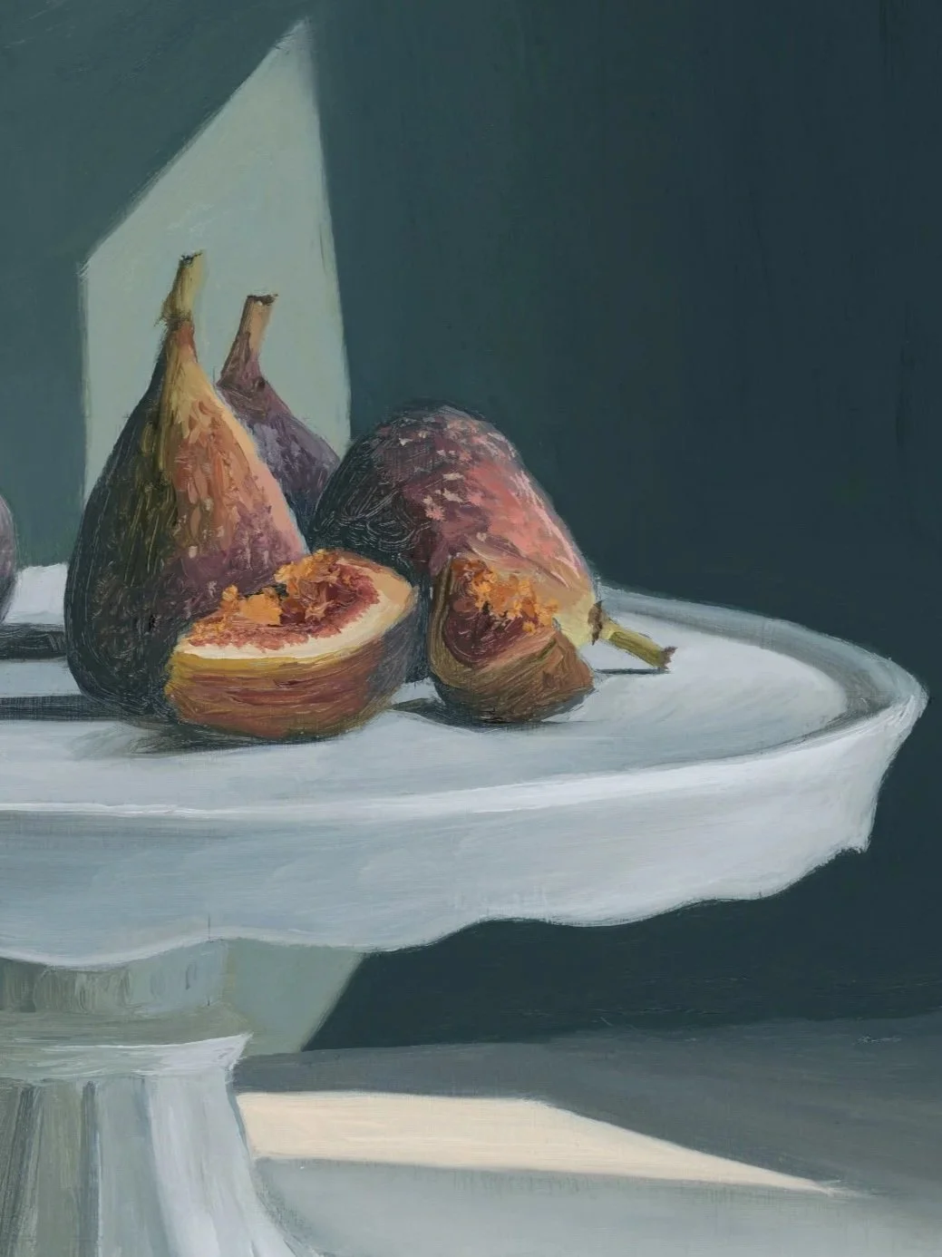 Close up of fine art print of a still life oil painting of plums on a cake stand to capture the brushwork and texture