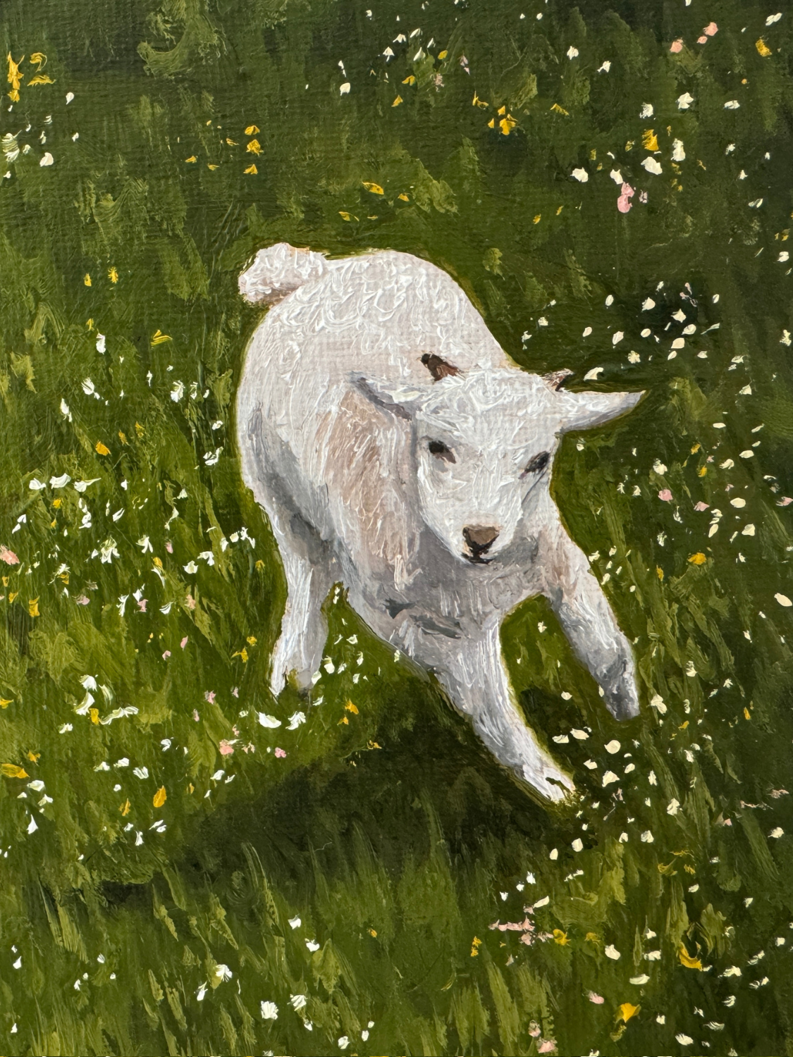 Close up of fine art reproduction of three lambs to show details and brushwork