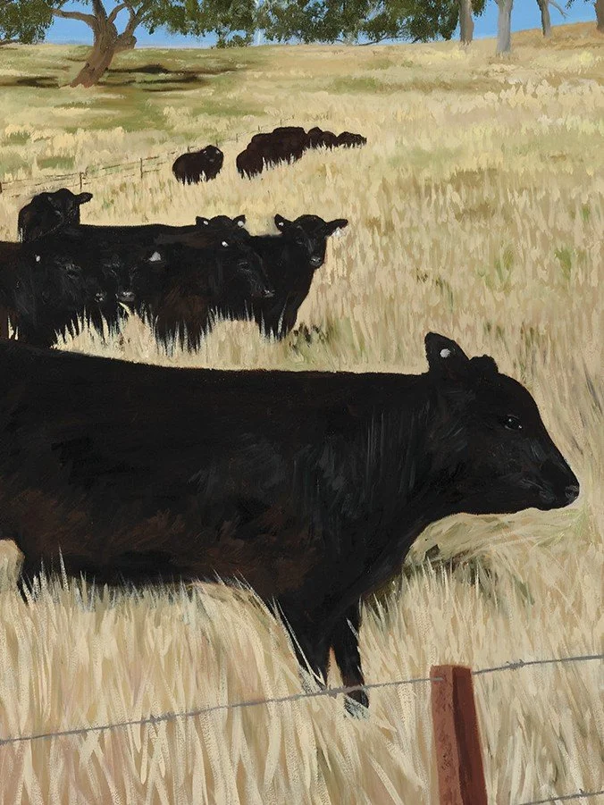 Close up of fine art reproduction of an oil painting of a herd of cattle to show brushwork and texture