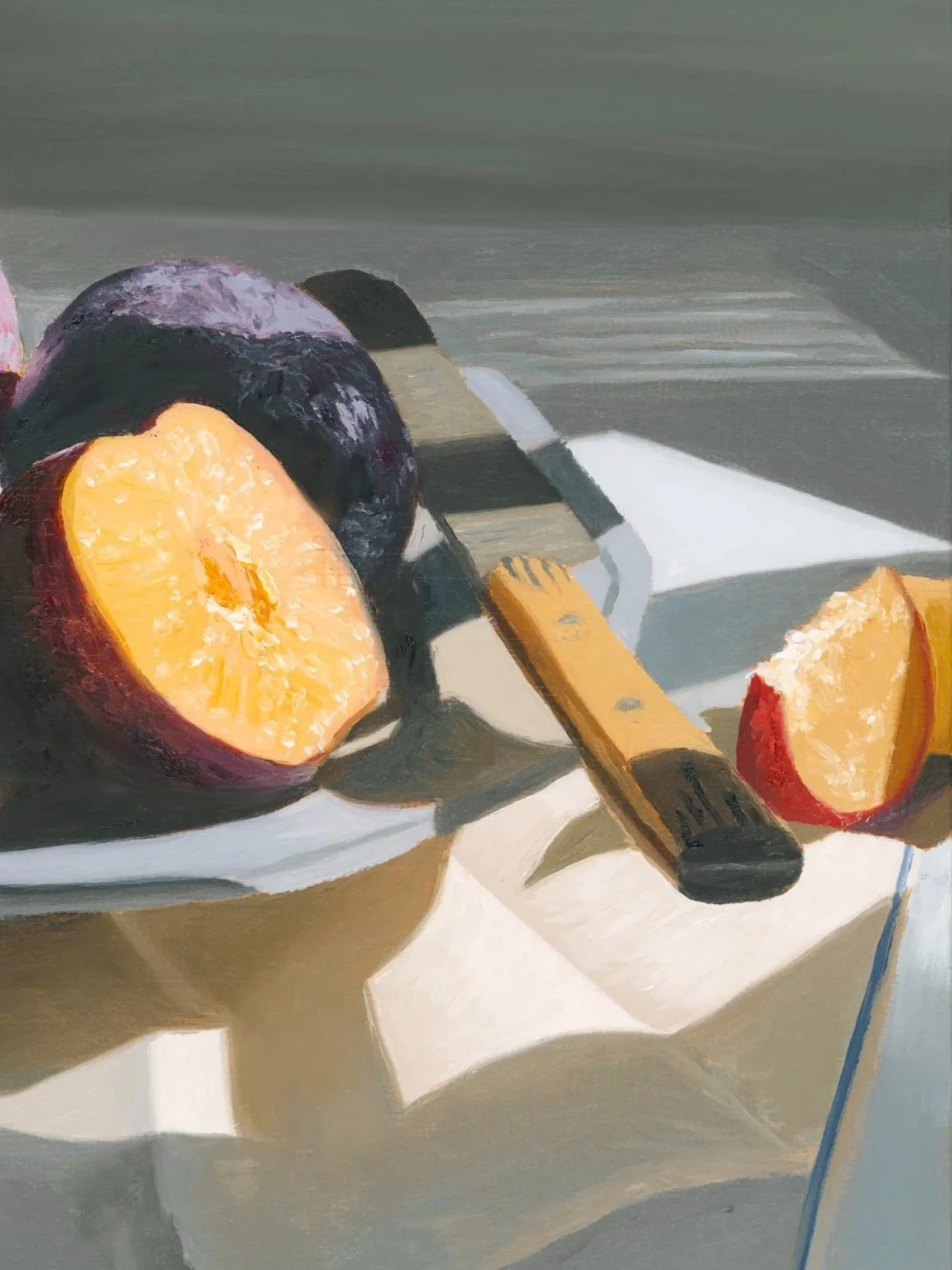 Close up of fine art reproduction of a still life painting of plums to show brushwork and texture