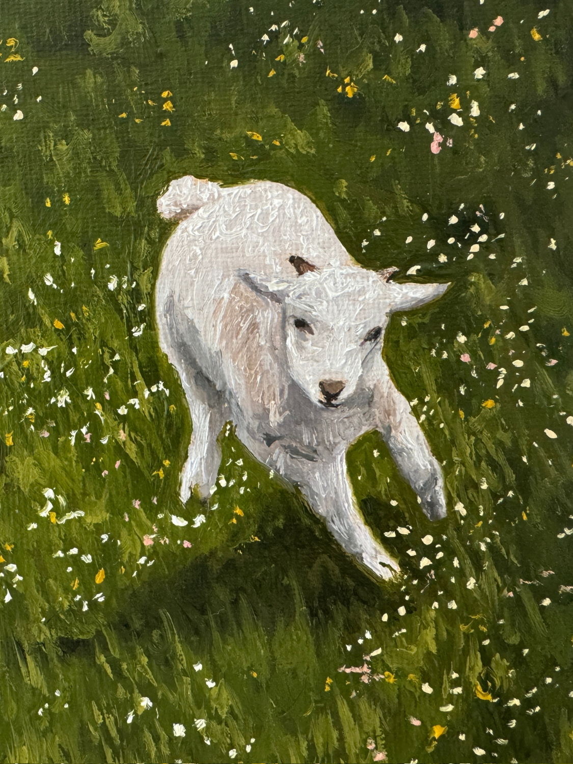 Close up of a landscape oil painting of lambs in a grassy flower field to capture brushwork and texture
