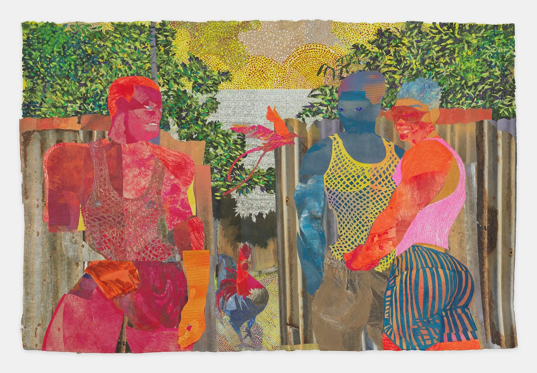 
Shantytown Gym Club, 2023, vinyl acrylic, printed paper, cyanotype, screen-printed paper, vector drawing, soft pastel, colored paper, watercolor, cotton scrim, ephemera on paper, 40” h x 60"w
