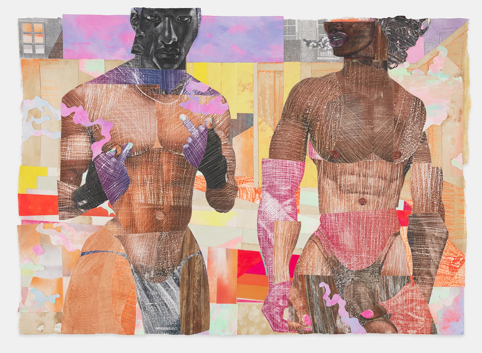 Day Cruise, 2022, vinyl acrylic, scratchboard paper, watercolor, ephemera, spray paint on paper, 30"h x 42"w