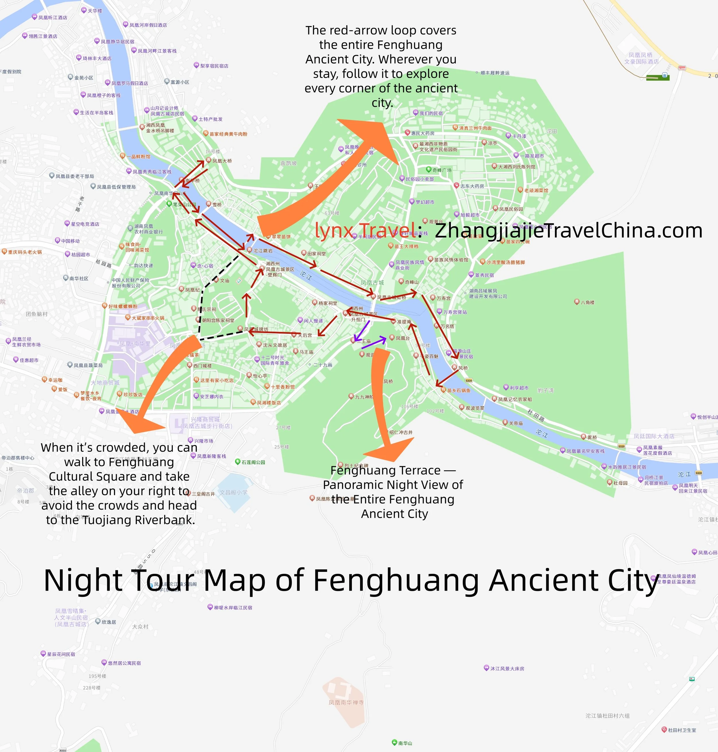 Night tour route map of Fenghuang Ancient Town in Hunan, showing the red-arrow loop through the old city, the short walk to Cultural Square for river views, and the vantage point at Fenghuang Terrace for the panoramic night view.