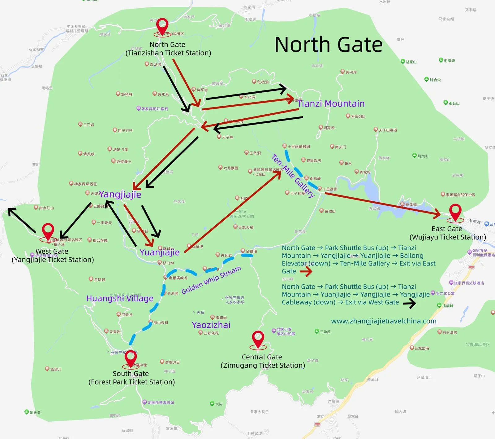 One-day route from the North Gate at Zhangjiajie National Forest Park