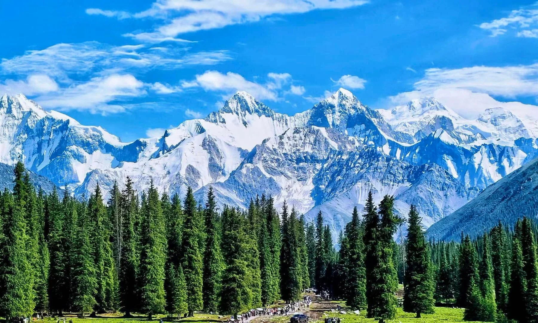 Snow-covered mountain peaks under a blue sky with white clouds, dense green pine forest in the foreground, and a line of people walking along a trail at the base.