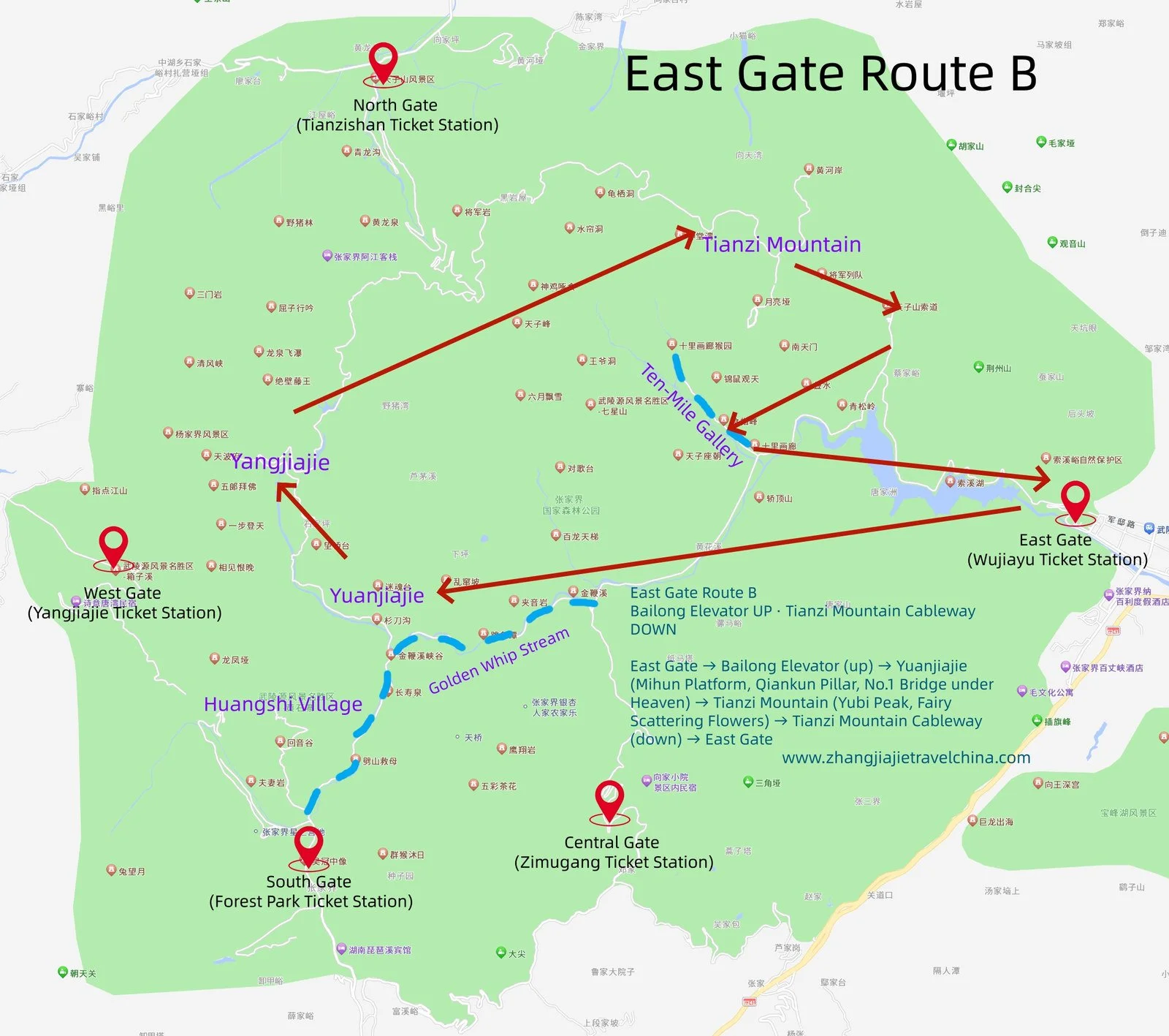 One-day route from the East Gate at Zhangjiajie National Forest Park