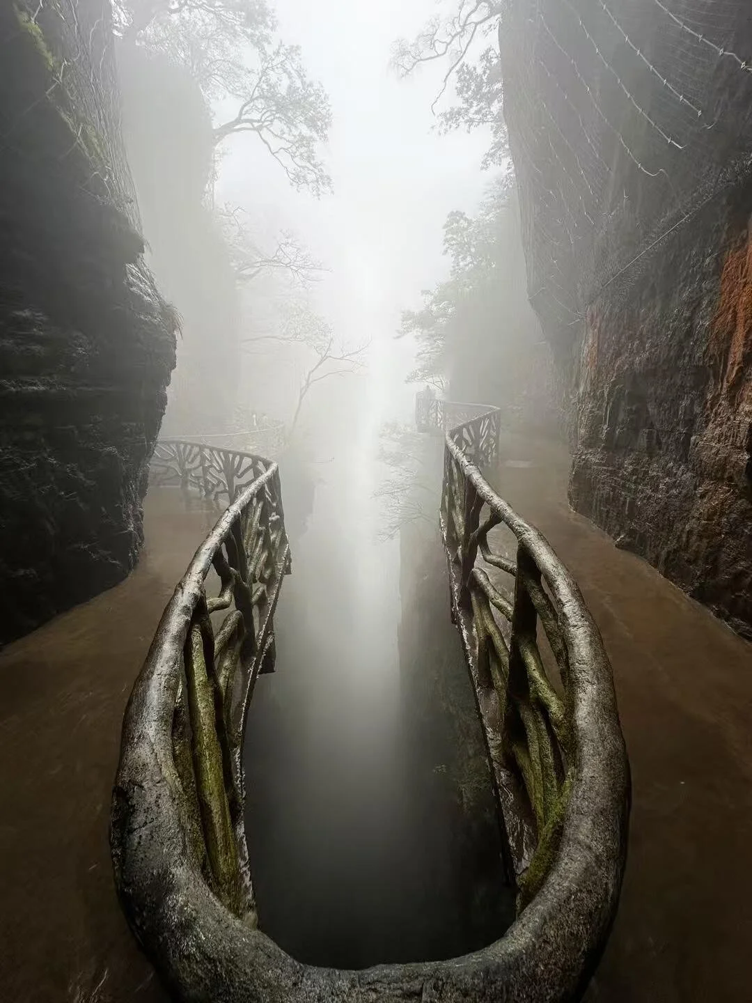 A foggy outdoor pathway with ornate metal railings running between rock formations and trees, obscured by dense mist.