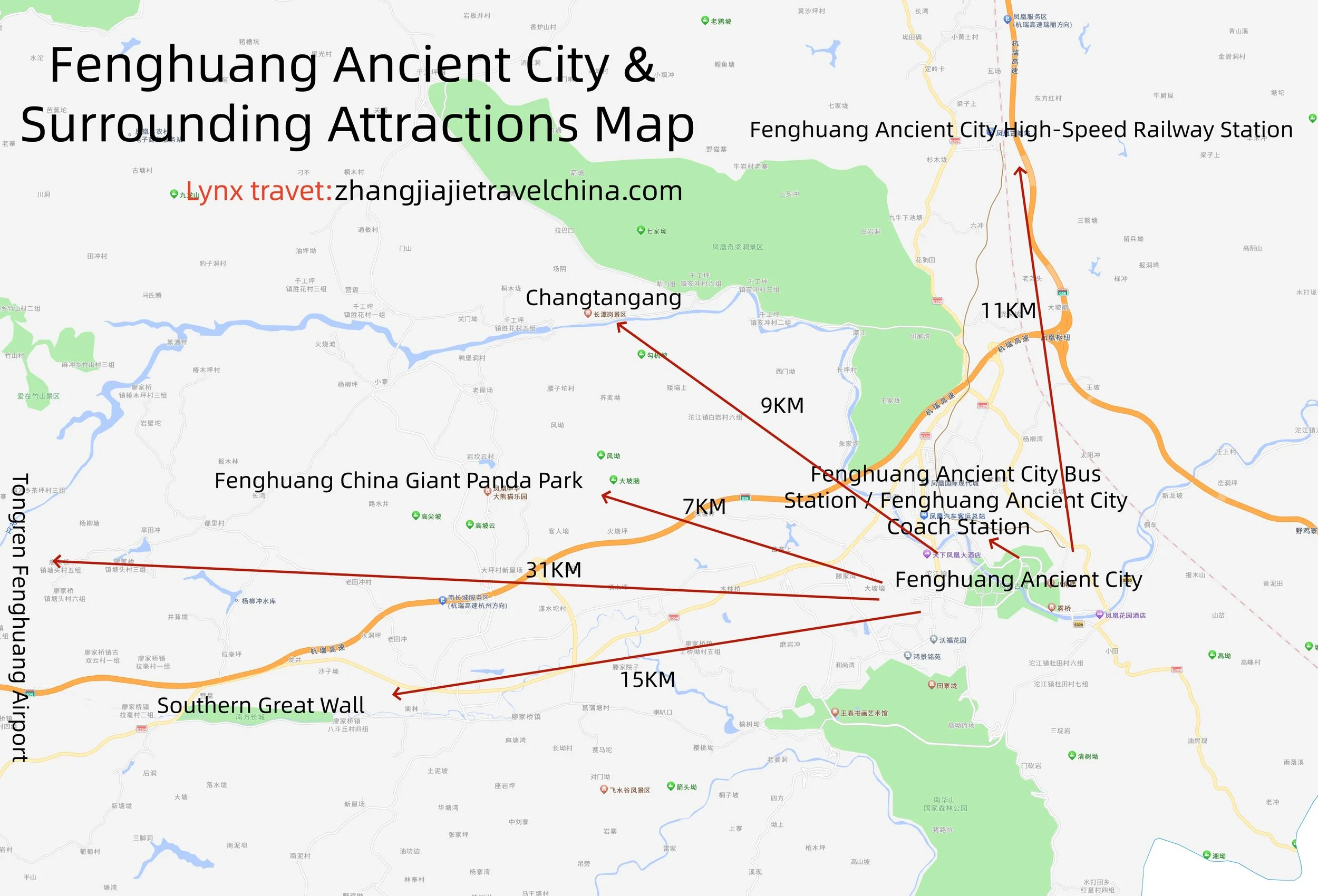Map of Fenghuang Ancient City and surrounding attractions showing distances to the high-speed railway station, giant panda park, Southern Great Wall and Tongren Fenghuang Airport.