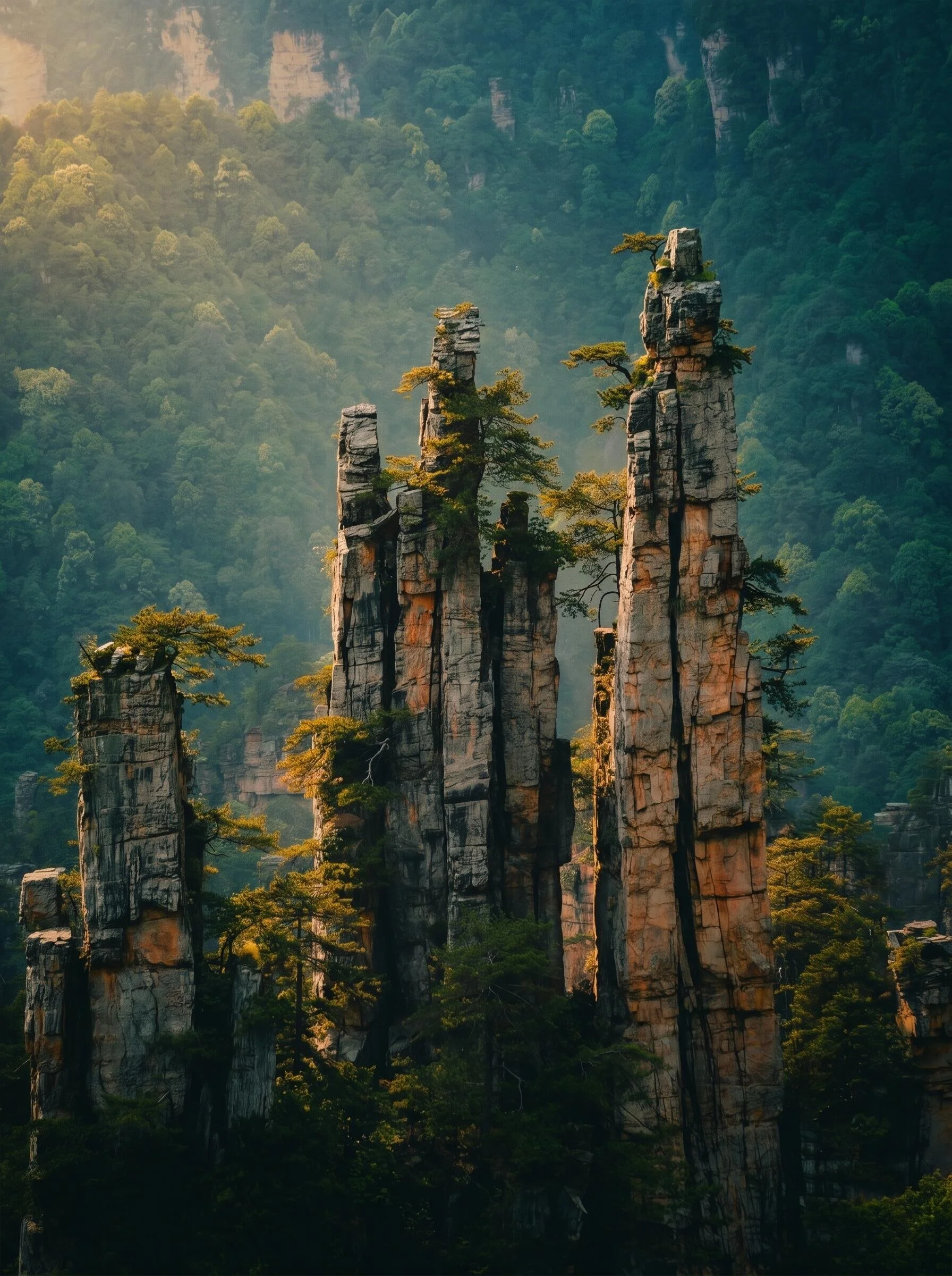 Imperial Brush Peaks (Yubi Feng), quartz sandstone pillars in the Tianzishan section of Zhangjiajie National Forest Park, Wulingyuan, China.