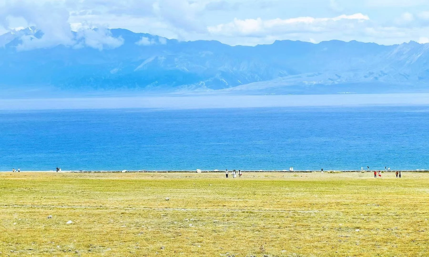 People walking on a grassy field near a large body of water with mountains in the background under partly cloudy sky.