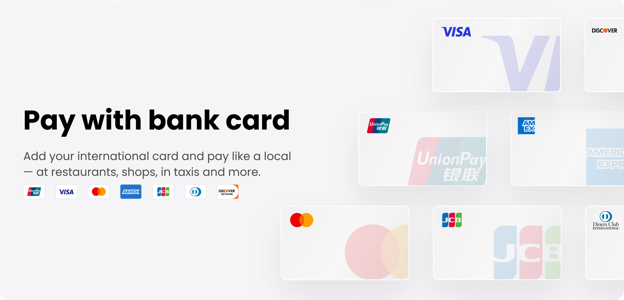 International bank cards accepted on TenPayGo — Visa, Mastercard, Amex, JCB, Diners Club, Discover, UnionPay (official promo)