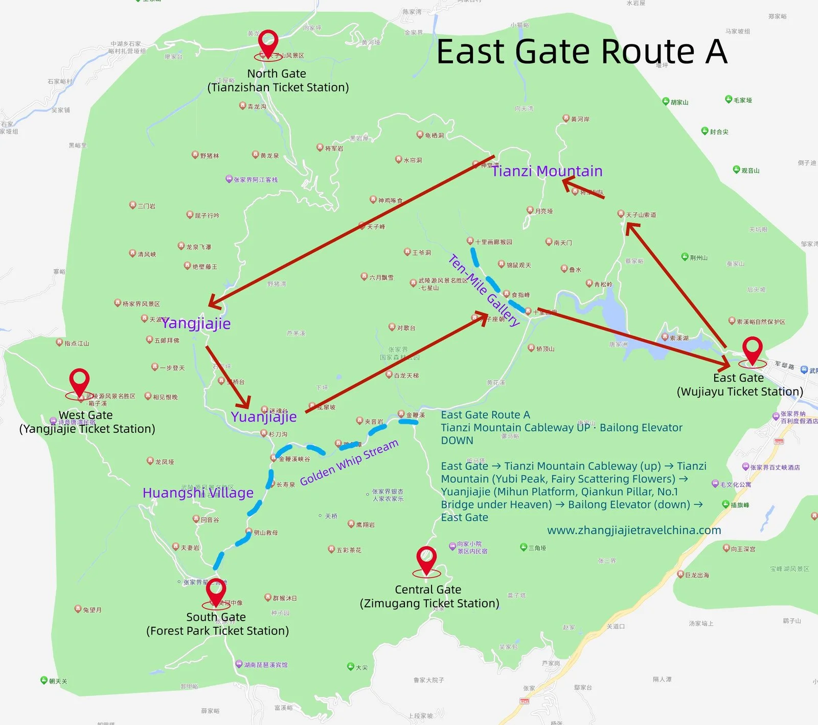 One-day route from the East Gate at Zhangjiajie National Forest Park