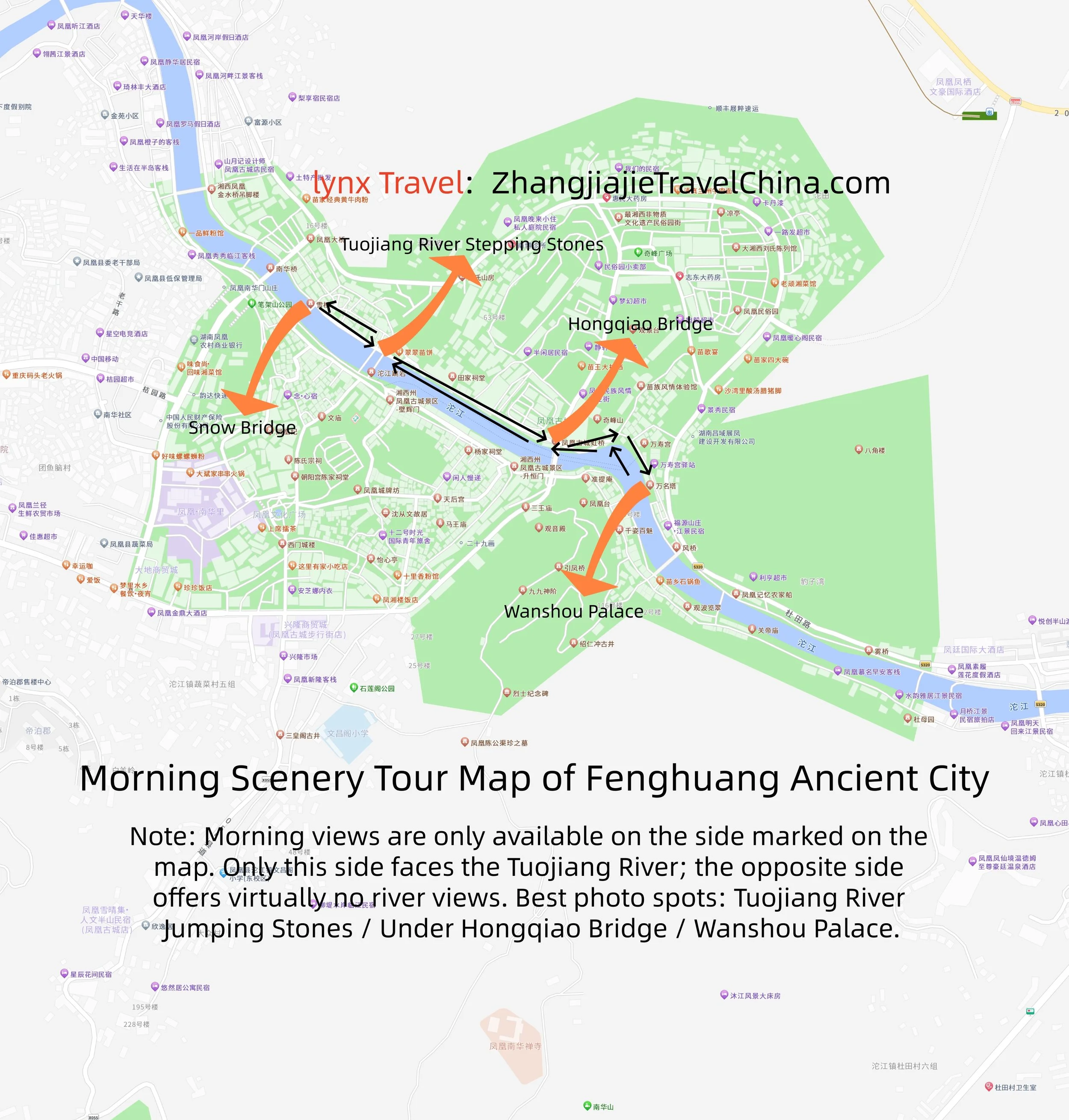 Morning photography map of Fenghuang Ancient City marking the best dawn photo spots: the Tuojiang River stepping stones, Hong Bridge and Wanshou Palace.