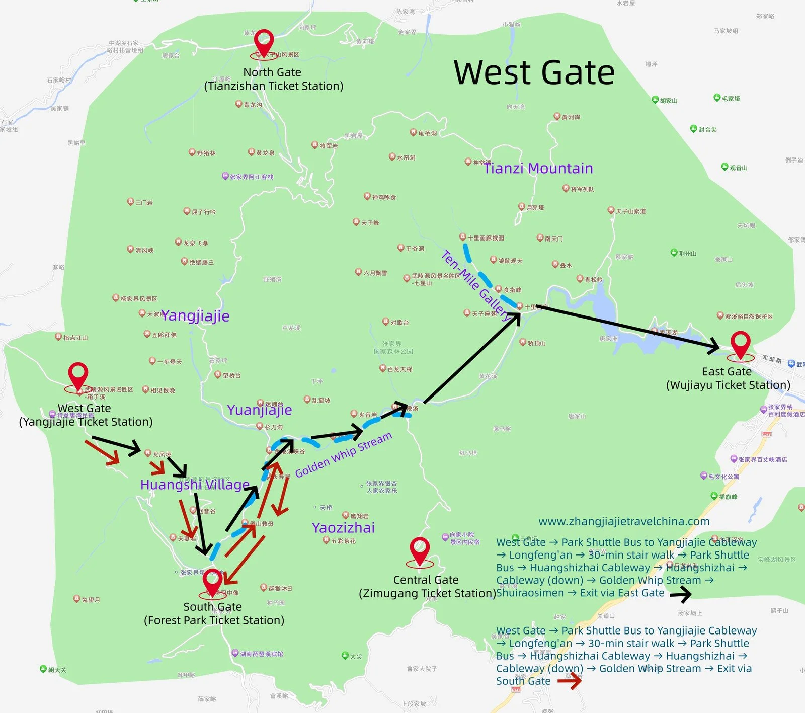 One-day route from the West Gate at Zhangjiajie National Forest Park